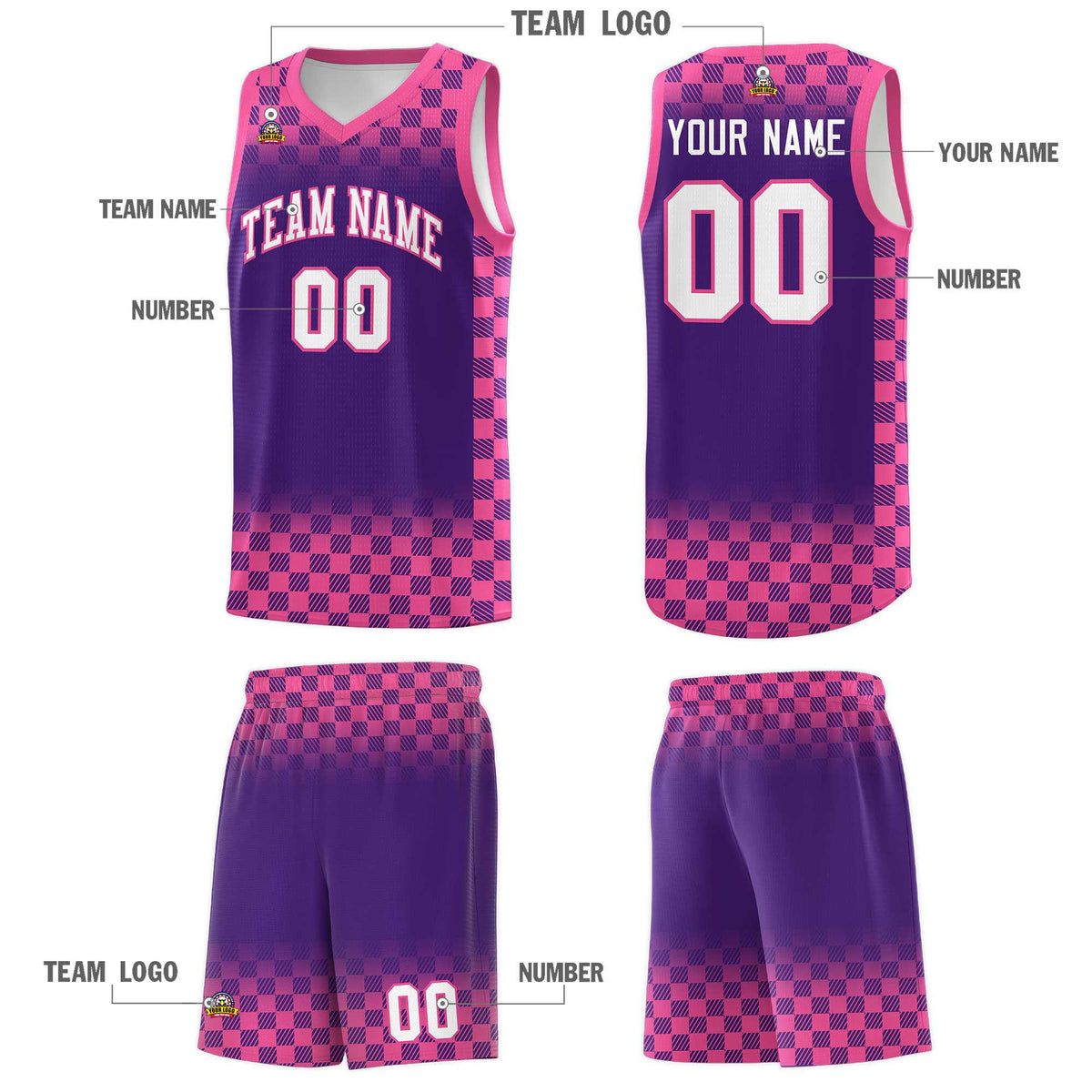 Custom Purple Pink Classic Plaid Pattern Sports Uniform Basketball Jersey