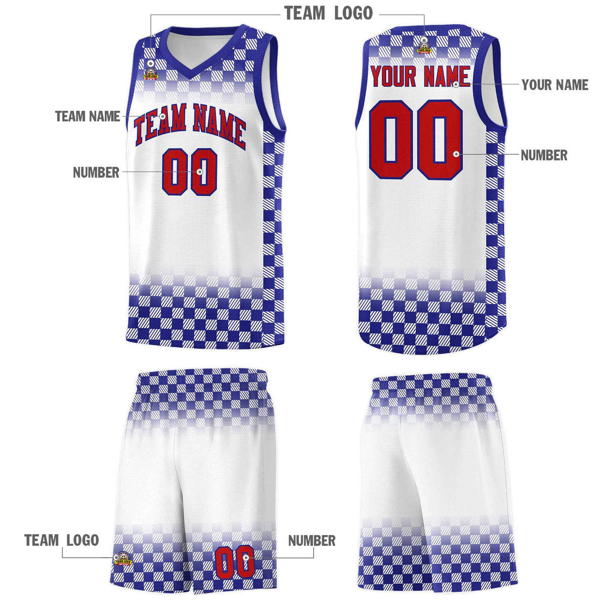 Custom White Royal Classic Plaid Pattern Sports Uniform Basketball Jersey