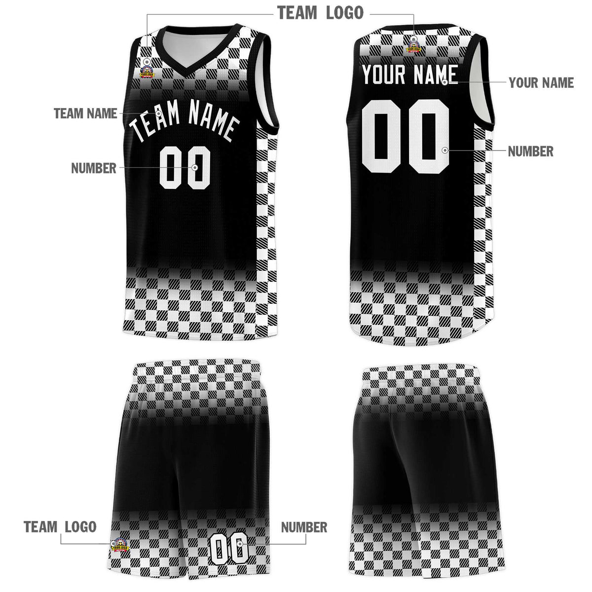 Custom Black White Classic Plaid Pattern Sports Uniform Basketball Jersey