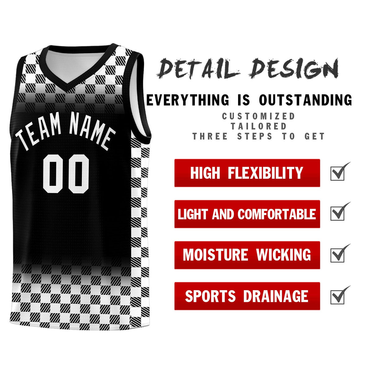 Custom Black White Classic Plaid Pattern Sports Uniform Basketball Jersey