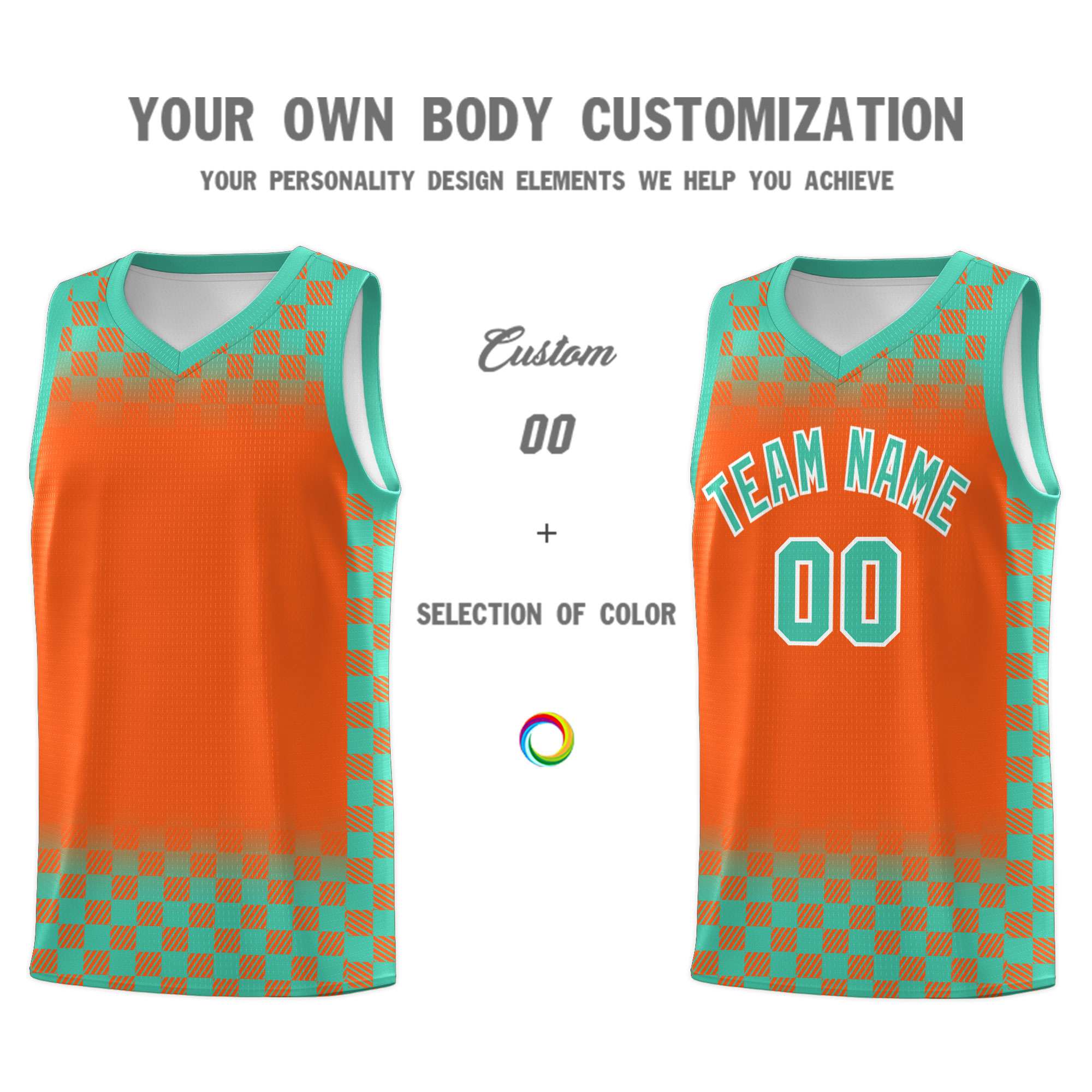 Custom Orange Bright Green Classic Plaid Pattern Sports Uniform Basketball Jersey