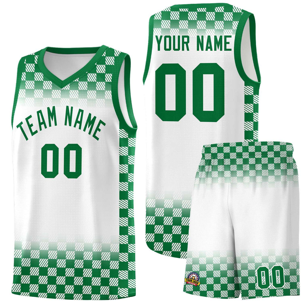 Custom White Kelly Green Classic Plaid Pattern Sports Uniform Basketball Jersey