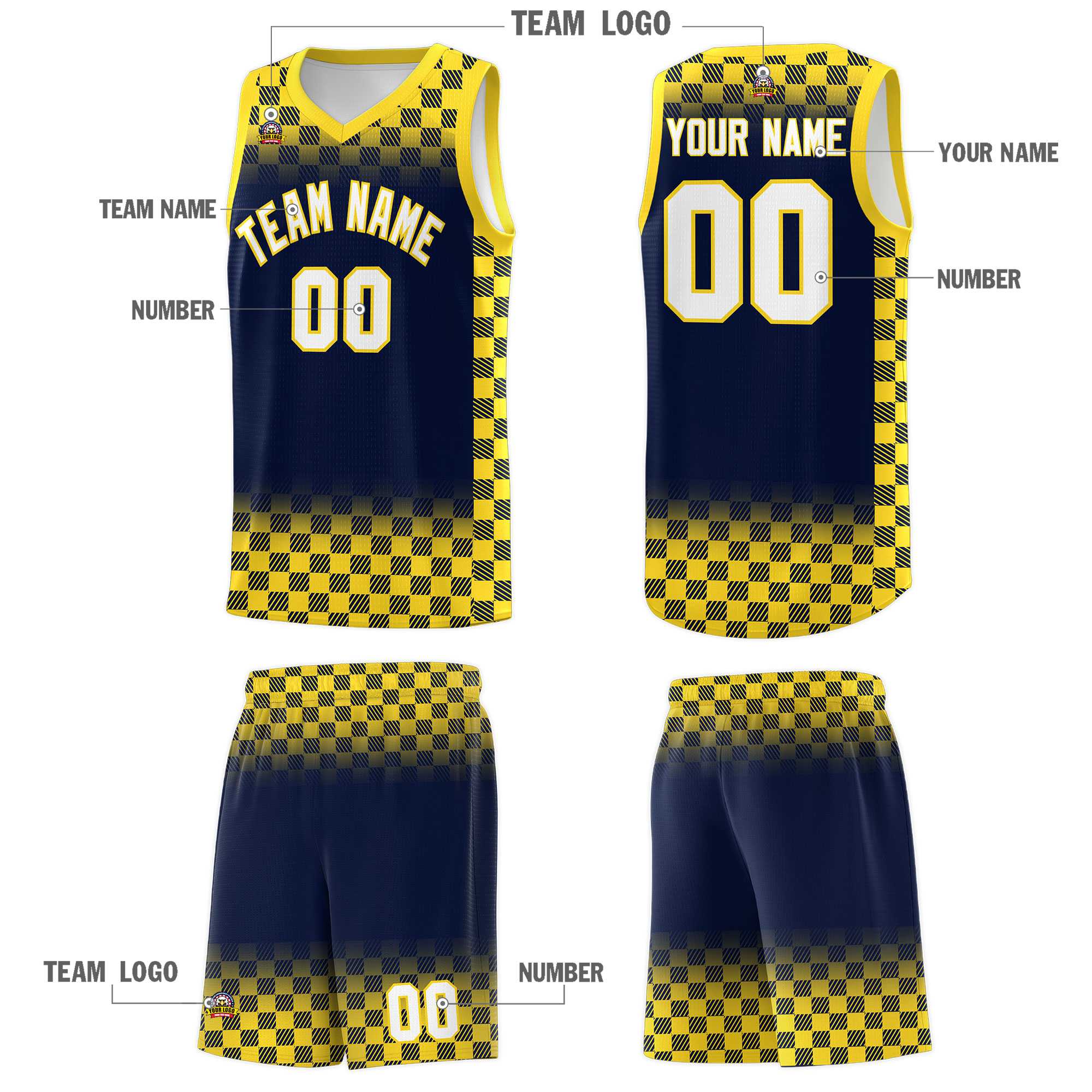 Custom Navy Gold Classic Plaid Pattern Sports Uniform Basketball Jersey