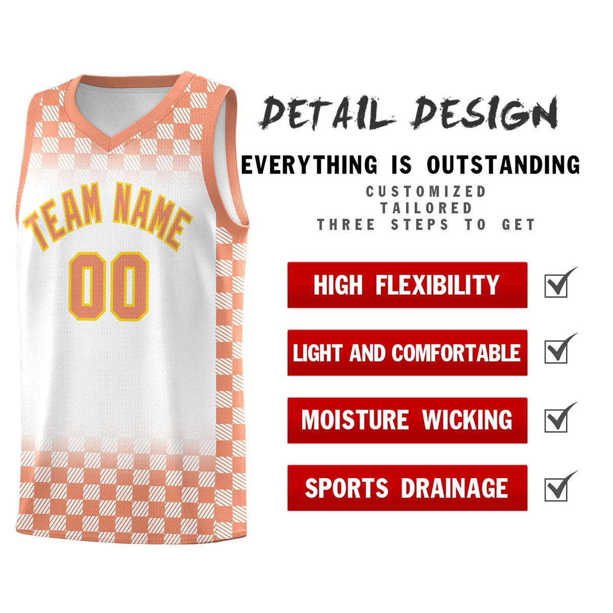 Custom White Light Orange Classic Plaid Pattern Sports Uniform Basketball Jersey