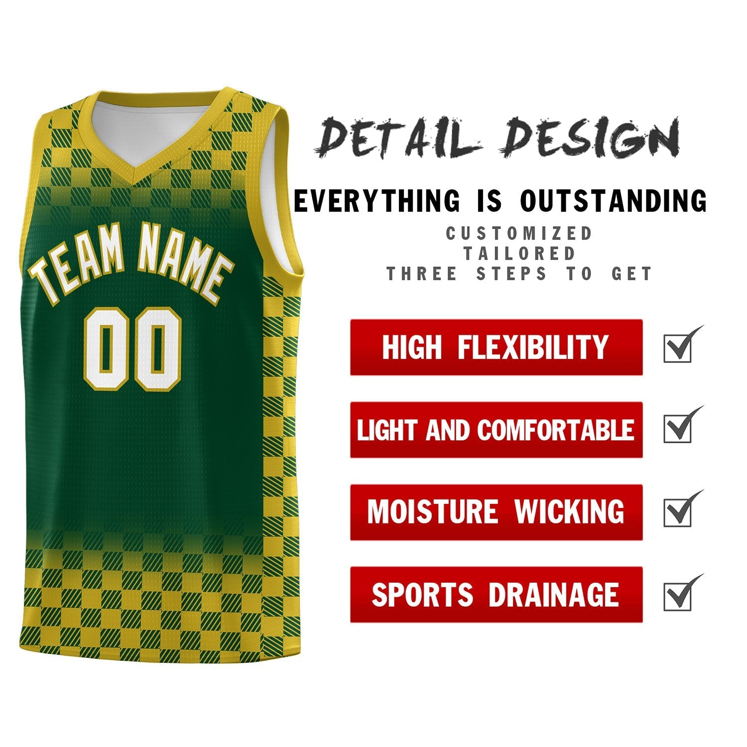 Custom Green Old Gold Classic Plaid Pattern Sports Uniform Basketball Jersey