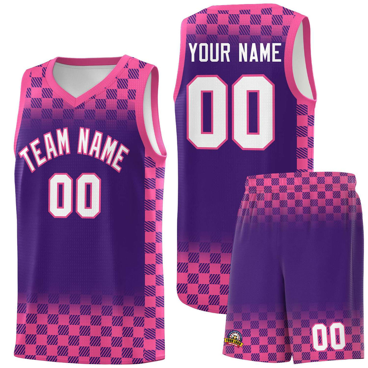 Custom Purple Pink Classic Plaid Pattern Sports Uniform Basketball Jersey