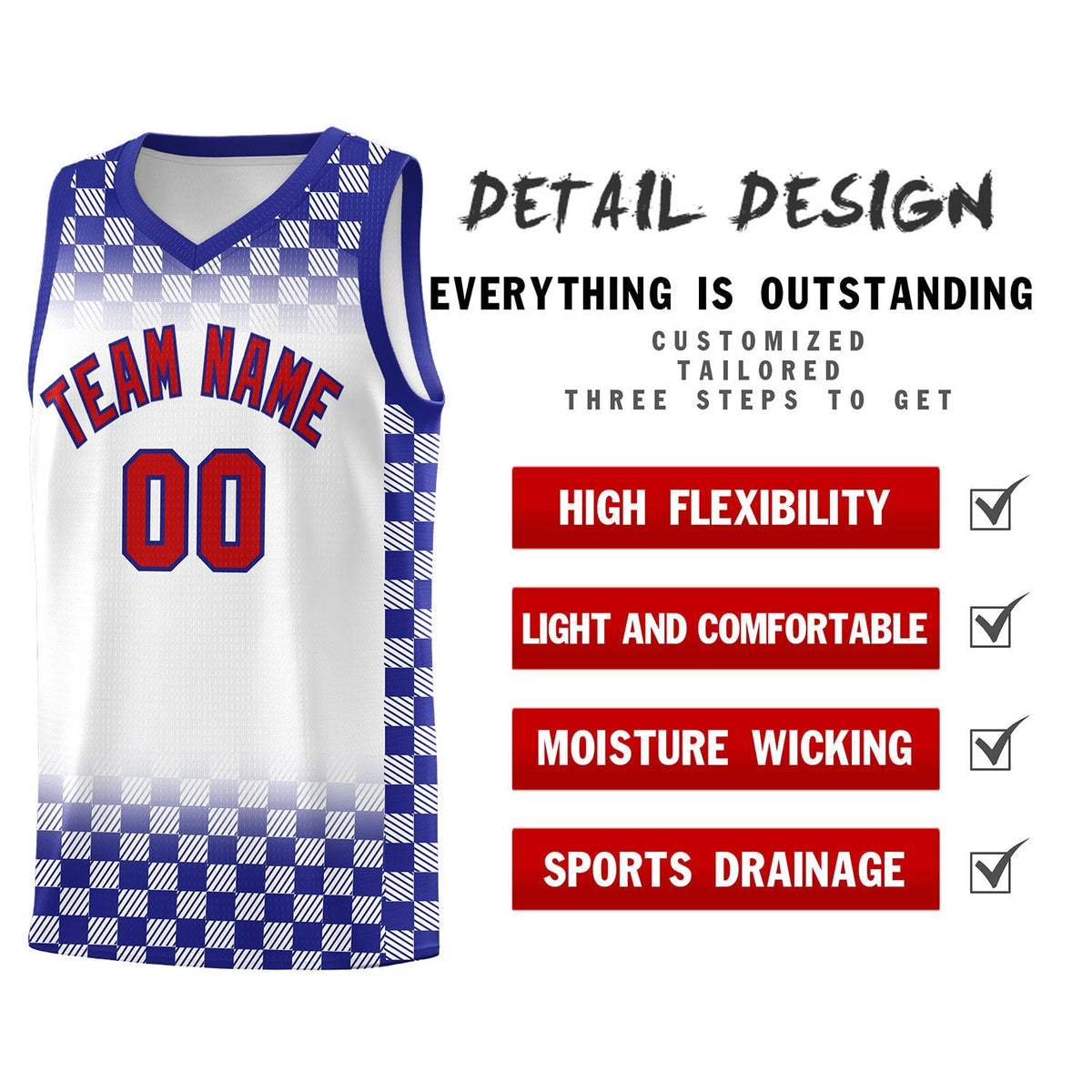 Custom White Royal Classic Plaid Pattern Sports Uniform Basketball Jersey