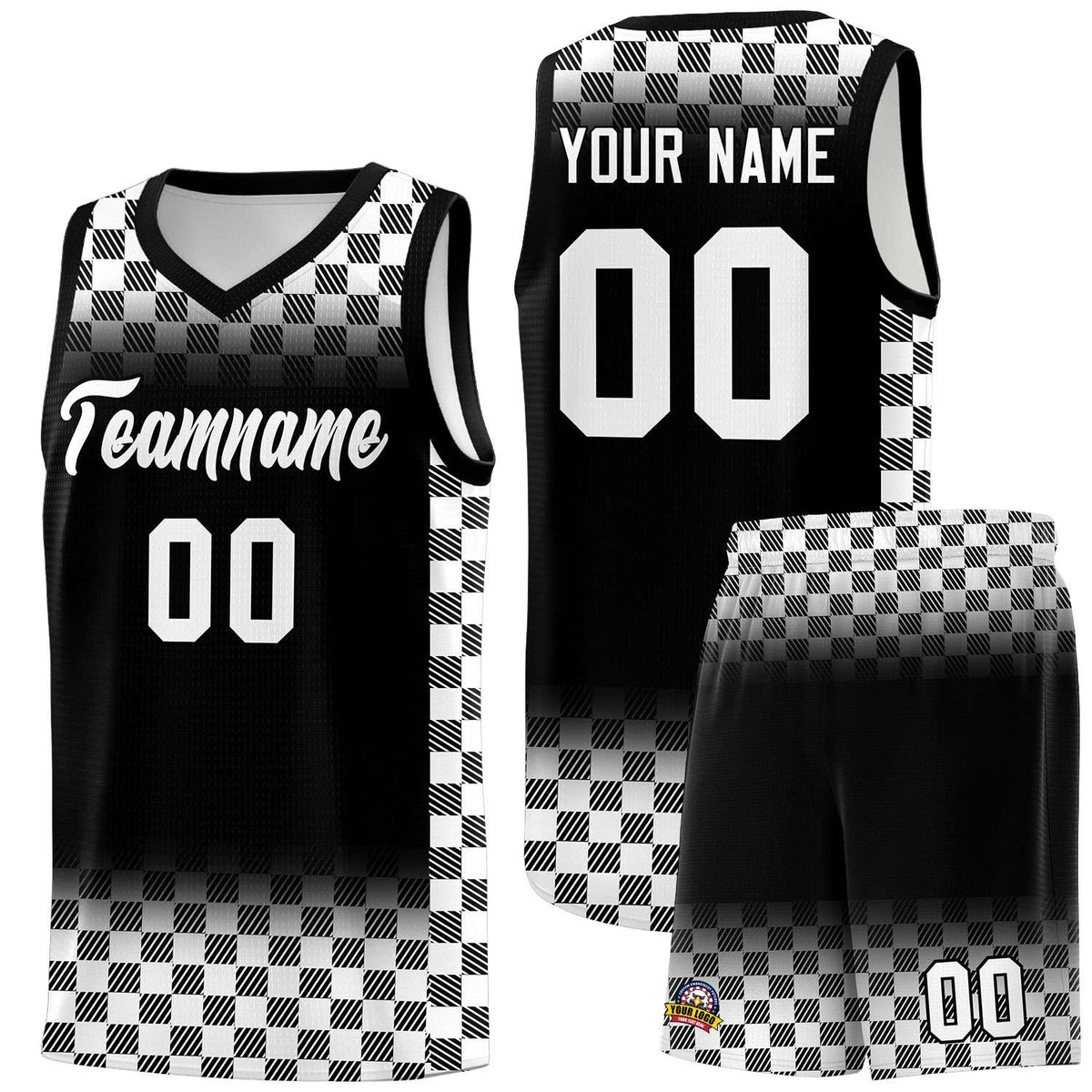 Custom Black White Classic Plaid Pattern Sports Uniform Basketball Jersey