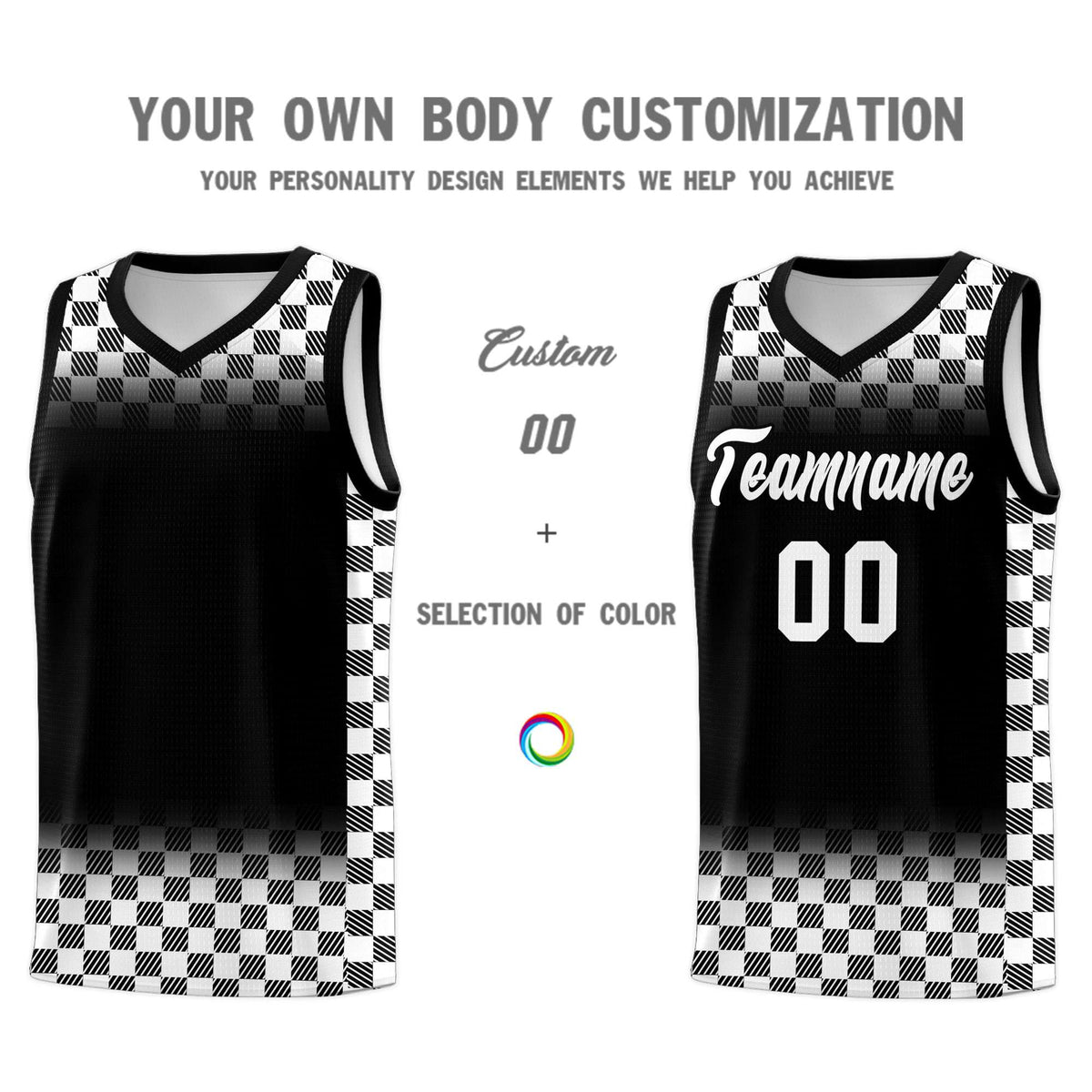 Custom Black White Classic Plaid Pattern Sports Uniform Basketball Jersey