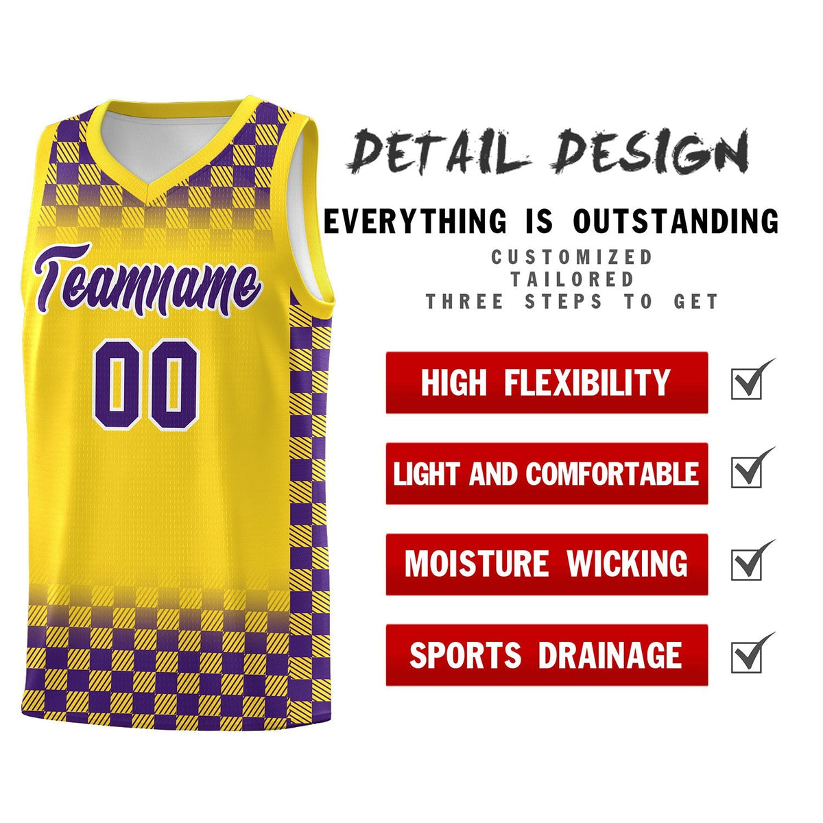 Custom Gold Purple Classic Plaid Pattern Sports Uniform Basketball Jersey