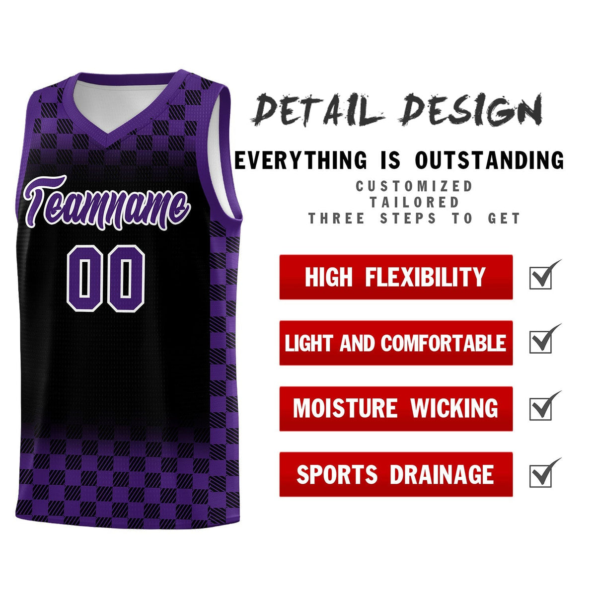 Custom Black Purple Classic Plaid Pattern Sports Uniform Basketball Jersey