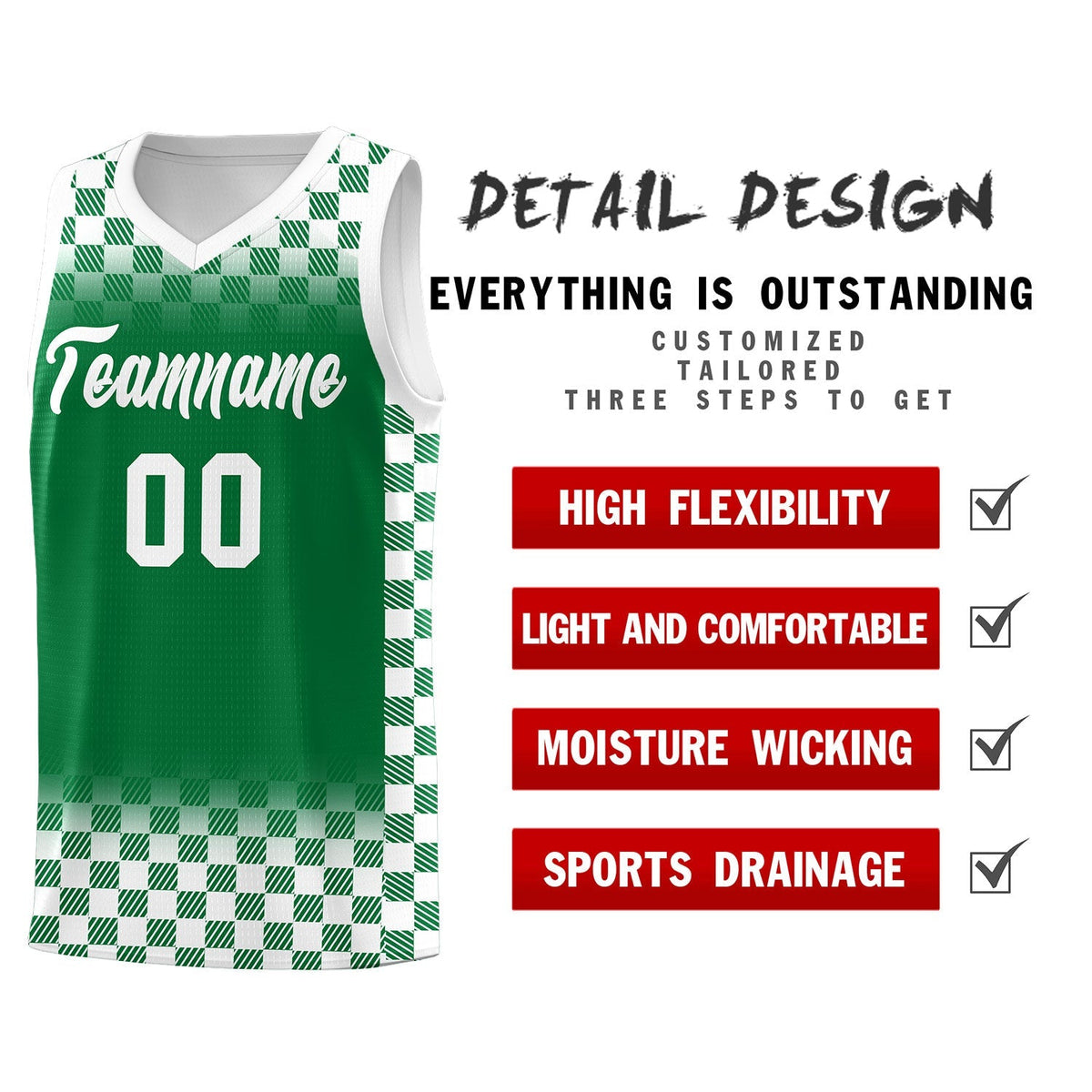 Custom Kelly Green White Classic Plaid Pattern Sports Uniform Basketball Jersey