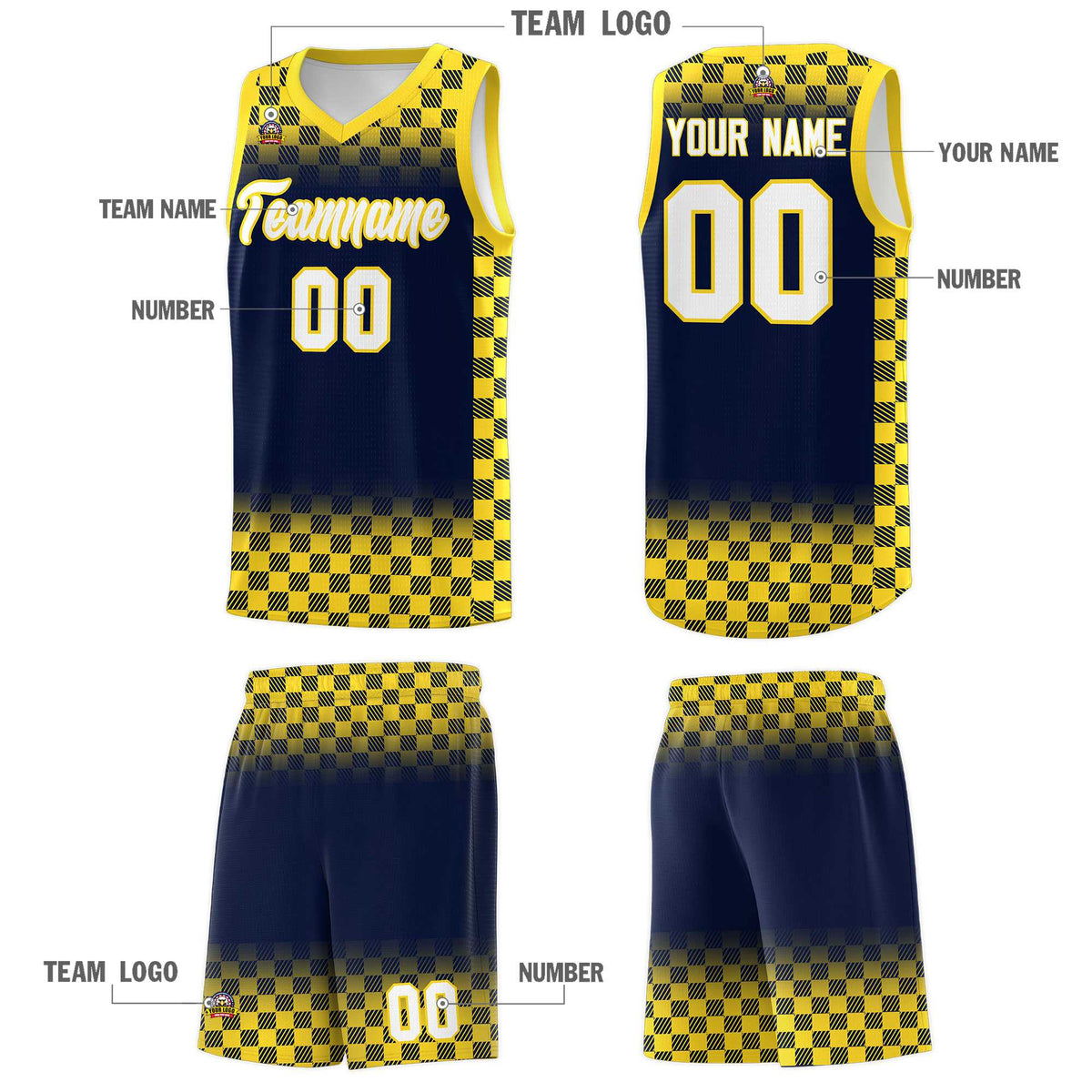 Custom Navy Gold Classic Plaid Pattern Sports Uniform Basketball Jersey
