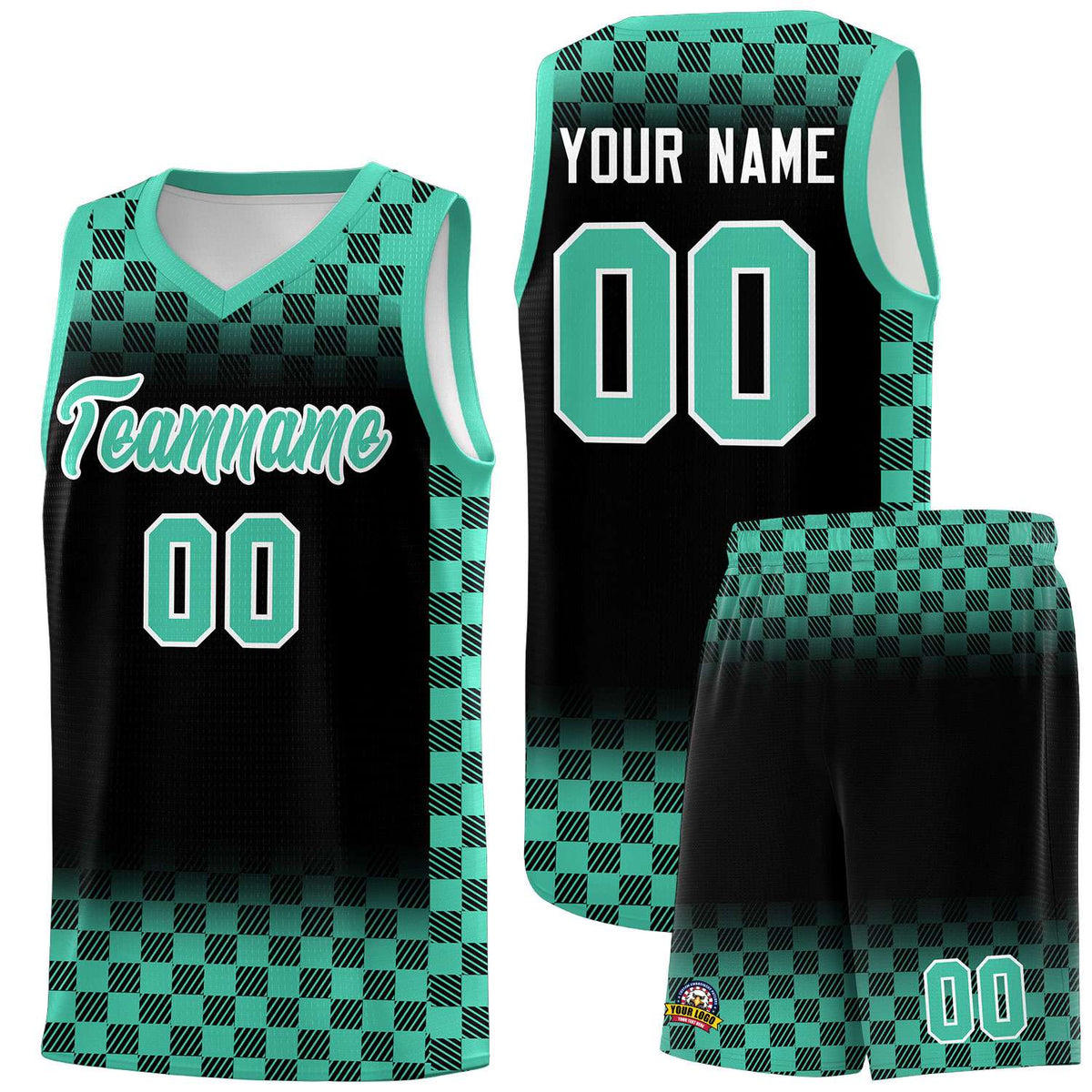 Custom Black Bright Green Classic Plaid Pattern Sports Uniform Basketball Jersey