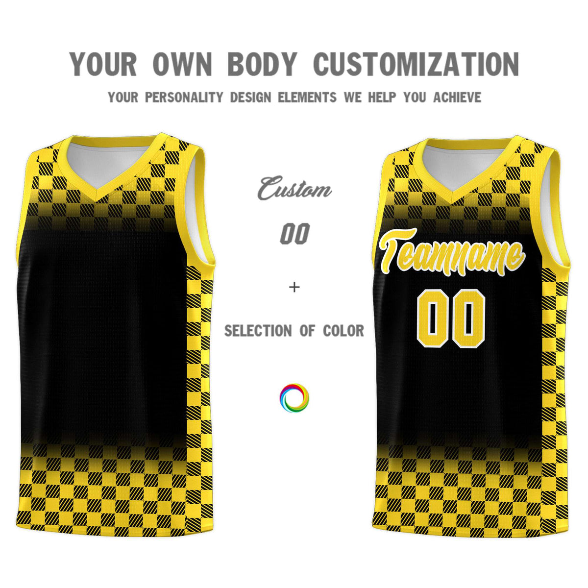Custom Black Gold Classic Plaid Pattern Sports Uniform Basketball Jersey