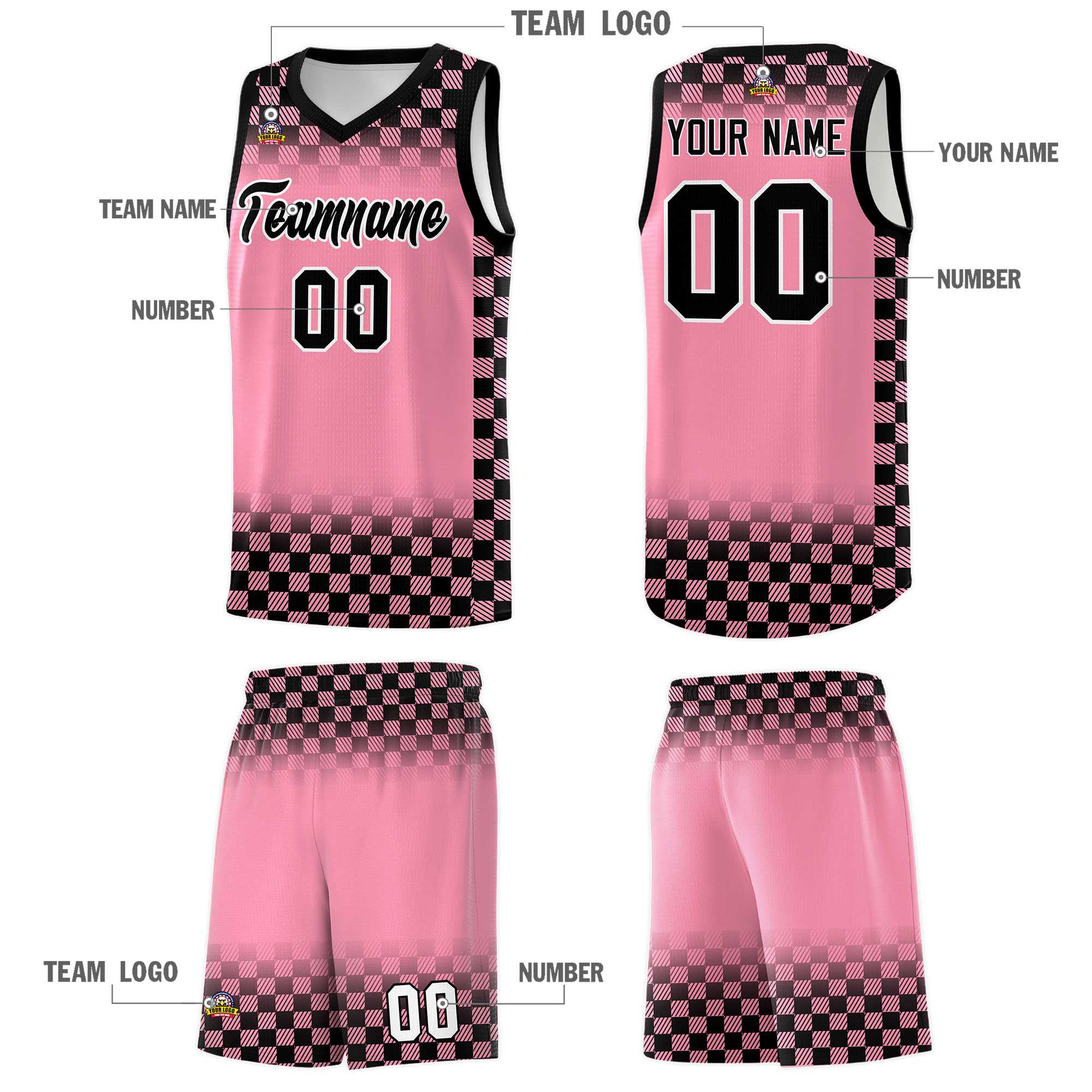 Custom Light Pink Black Classic Plaid Pattern Sports Uniform Basketball Jersey