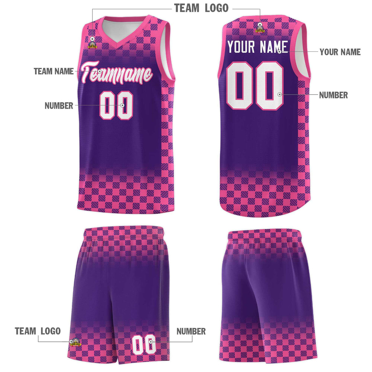 Custom Purple Pink Classic Plaid Pattern Sports Uniform Basketball Jersey