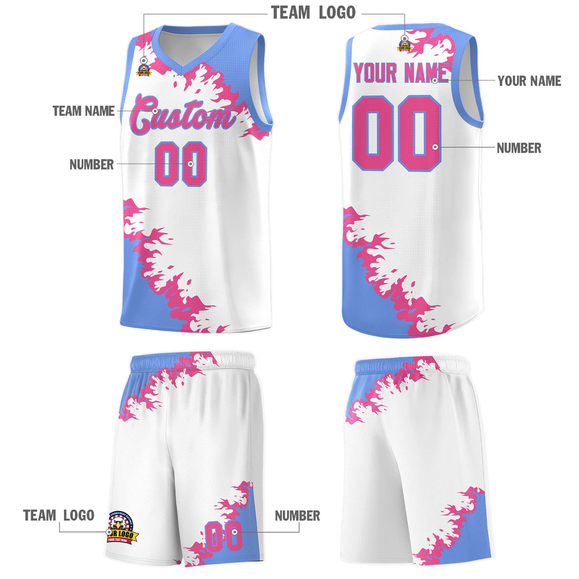 Custom White Light Blue-Pink Sparkle Print Pattern Basketball Kits
