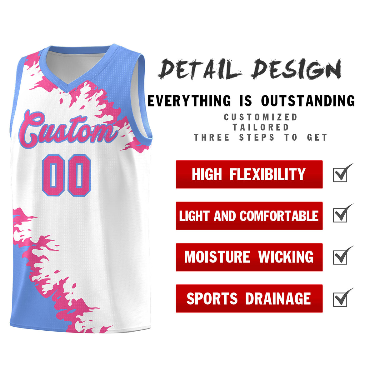 Custom White Light Blue-Pink Sparkle Print Pattern Basketball Kits