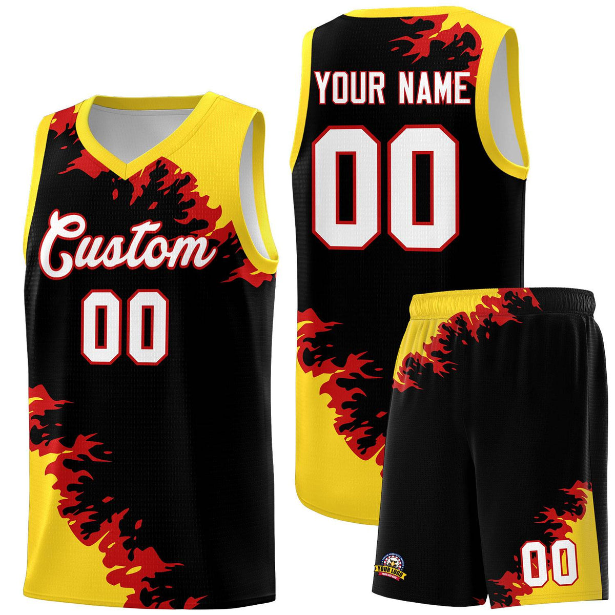 Custom Black Gold-Red Sparkle Print Pattern Basketball Kits