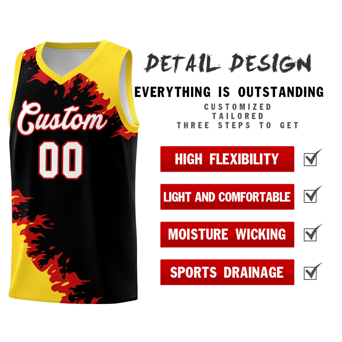 Custom Black Gold-Red Sparkle Print Pattern Basketball Kits