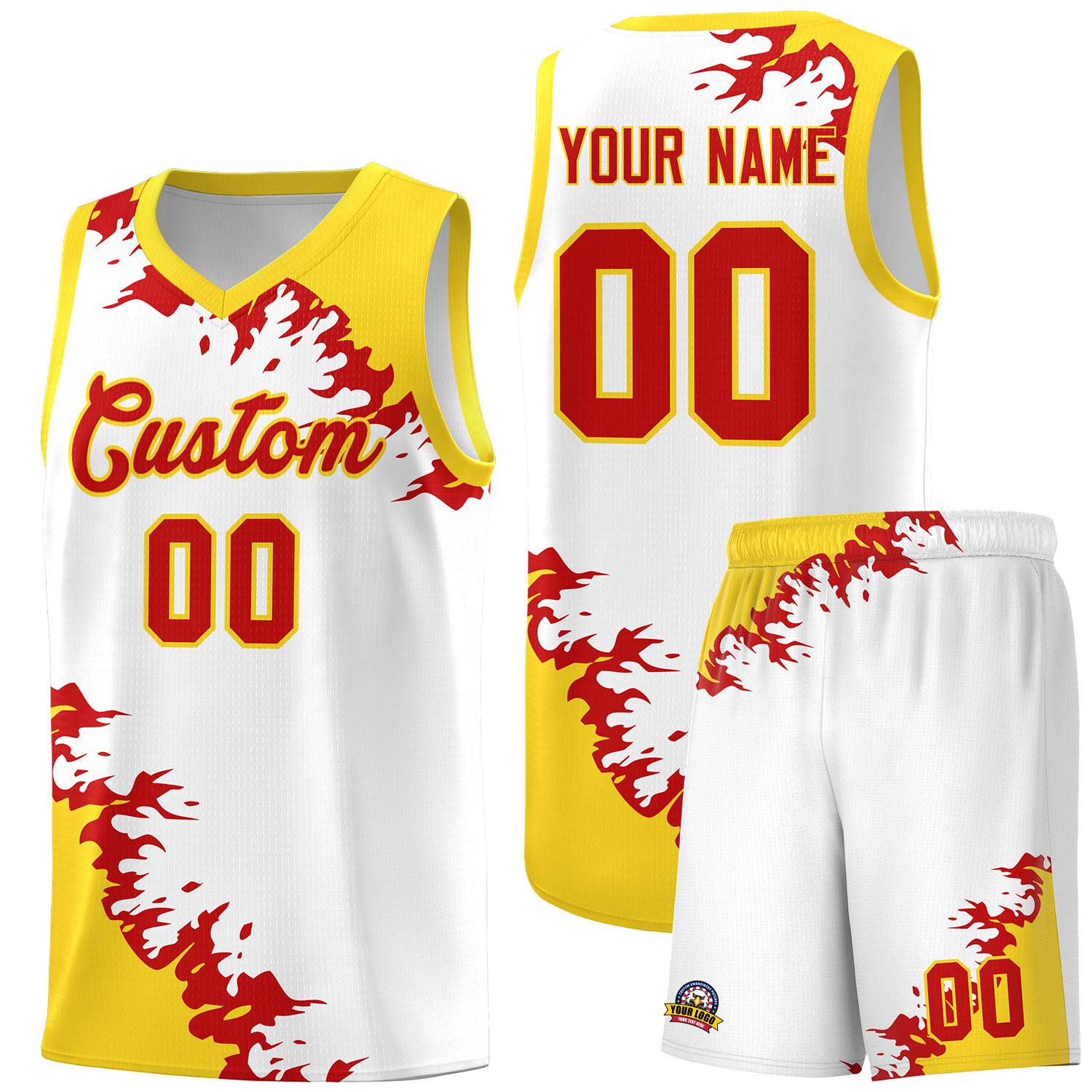 Custom White Gold-Red Sparkle Print Pattern Basketball Kits