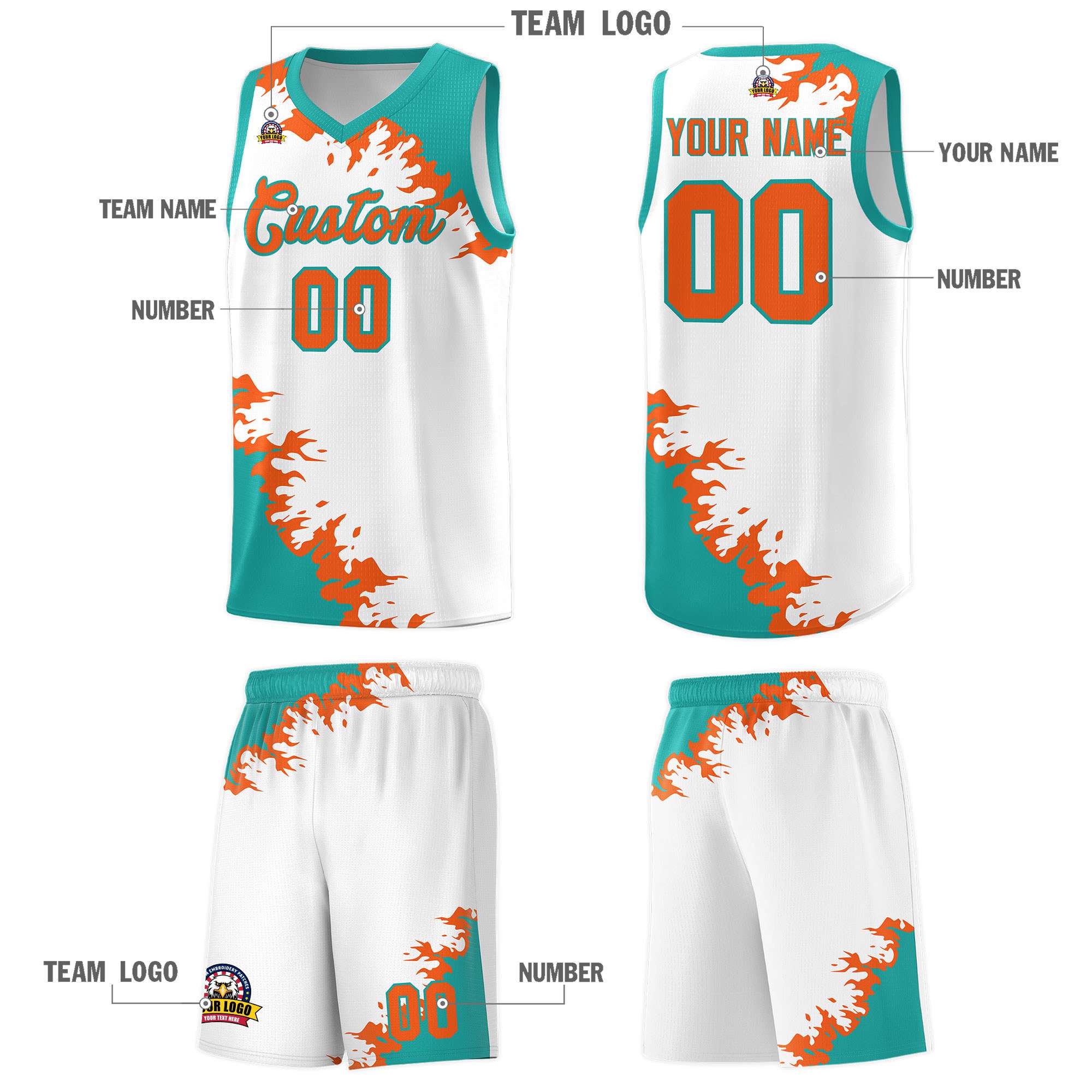 Custom White Aqua-Orange Sparkle Print Pattern Basketball Kits