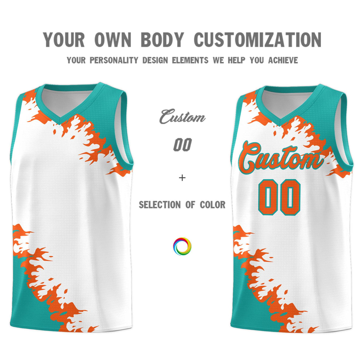 Custom White Aqua-Orange Sparkle Print Pattern Basketball Kits