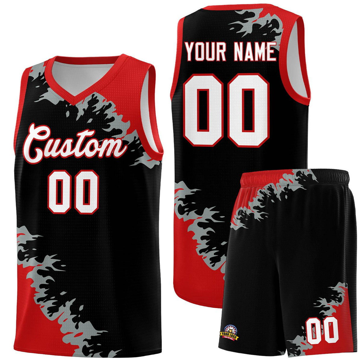 Custom Black Red-Silver Gray Sparkle Print Pattern Basketball Kits