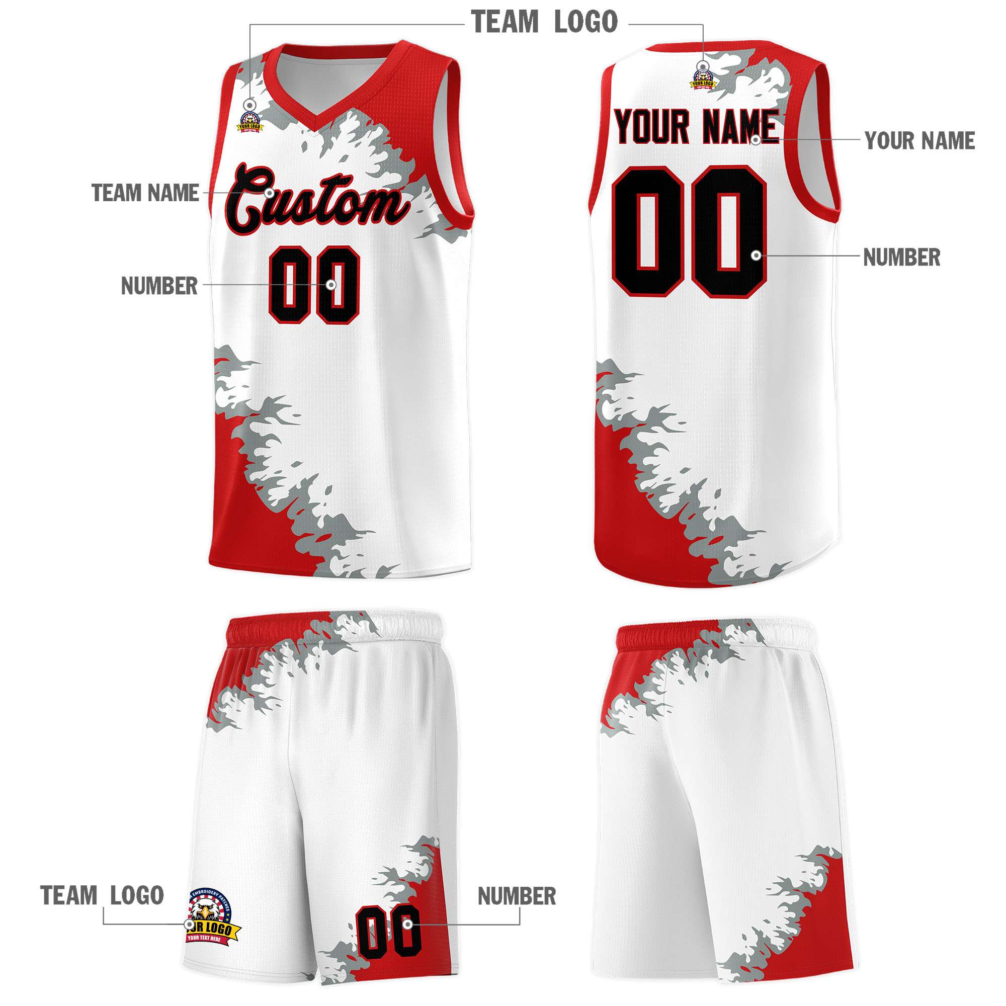 Custom White Red-Silver Gray Sparkle Print Pattern Basketball Kits