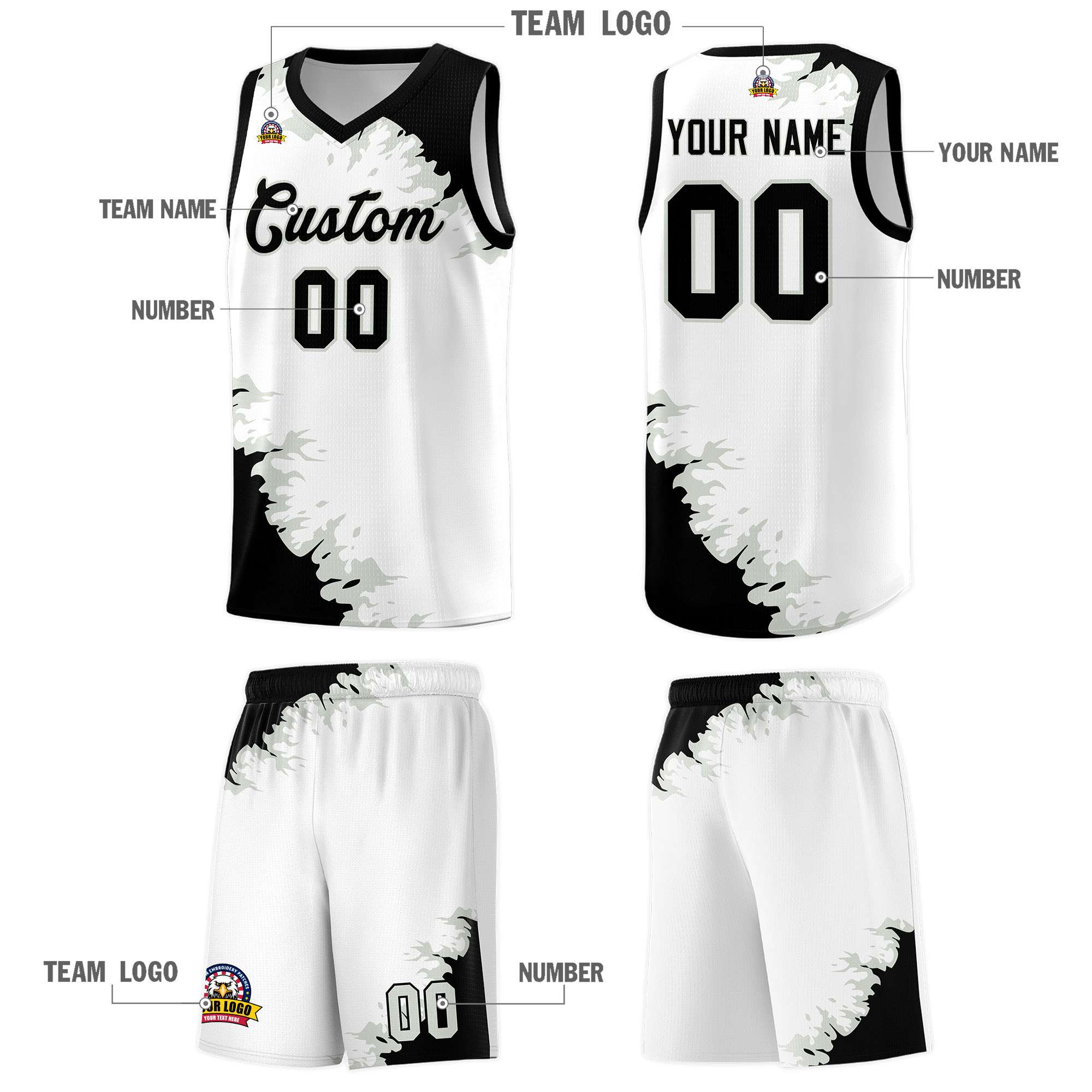 Custom White Black-Gray Sparkle Print Pattern Basketball Kits