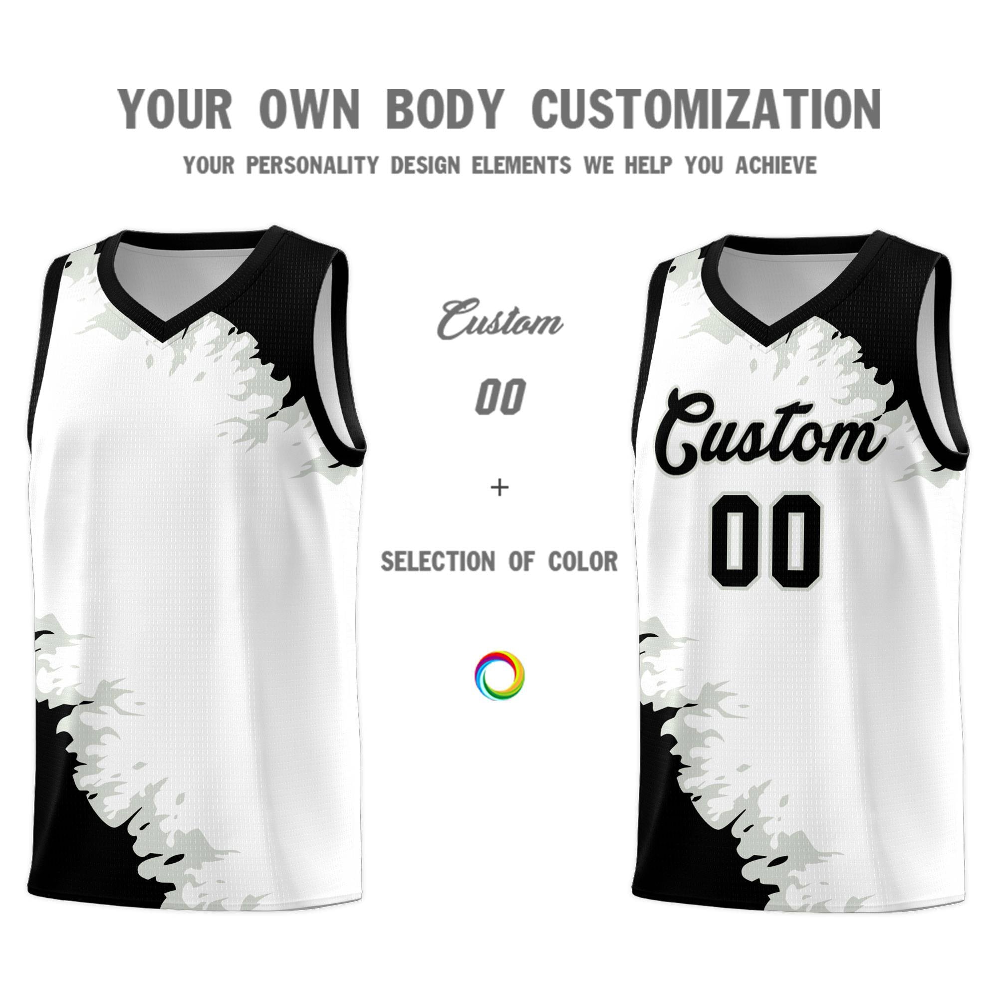 Custom White Black-Gray Sparkle Print Pattern Basketball Kits