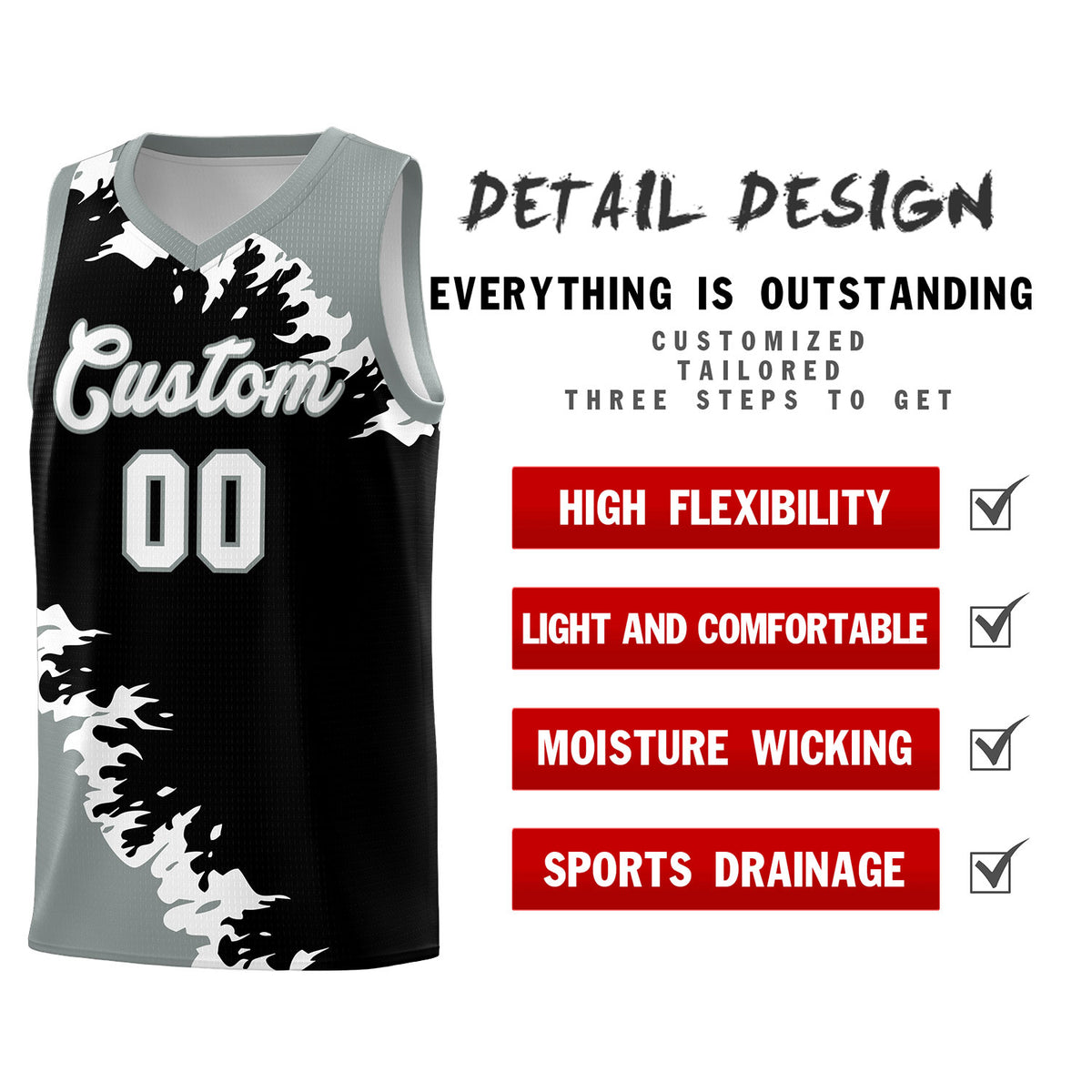 Custom Black Gray-White Sparkle Print Pattern Basketball Kits