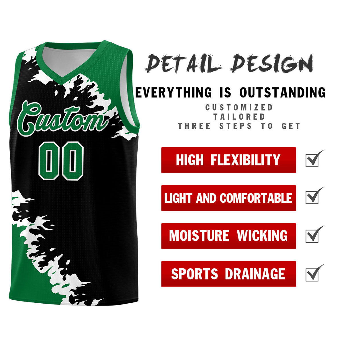 Custom Black Kelly Green-White Sparkle Print Pattern Basketball Kits