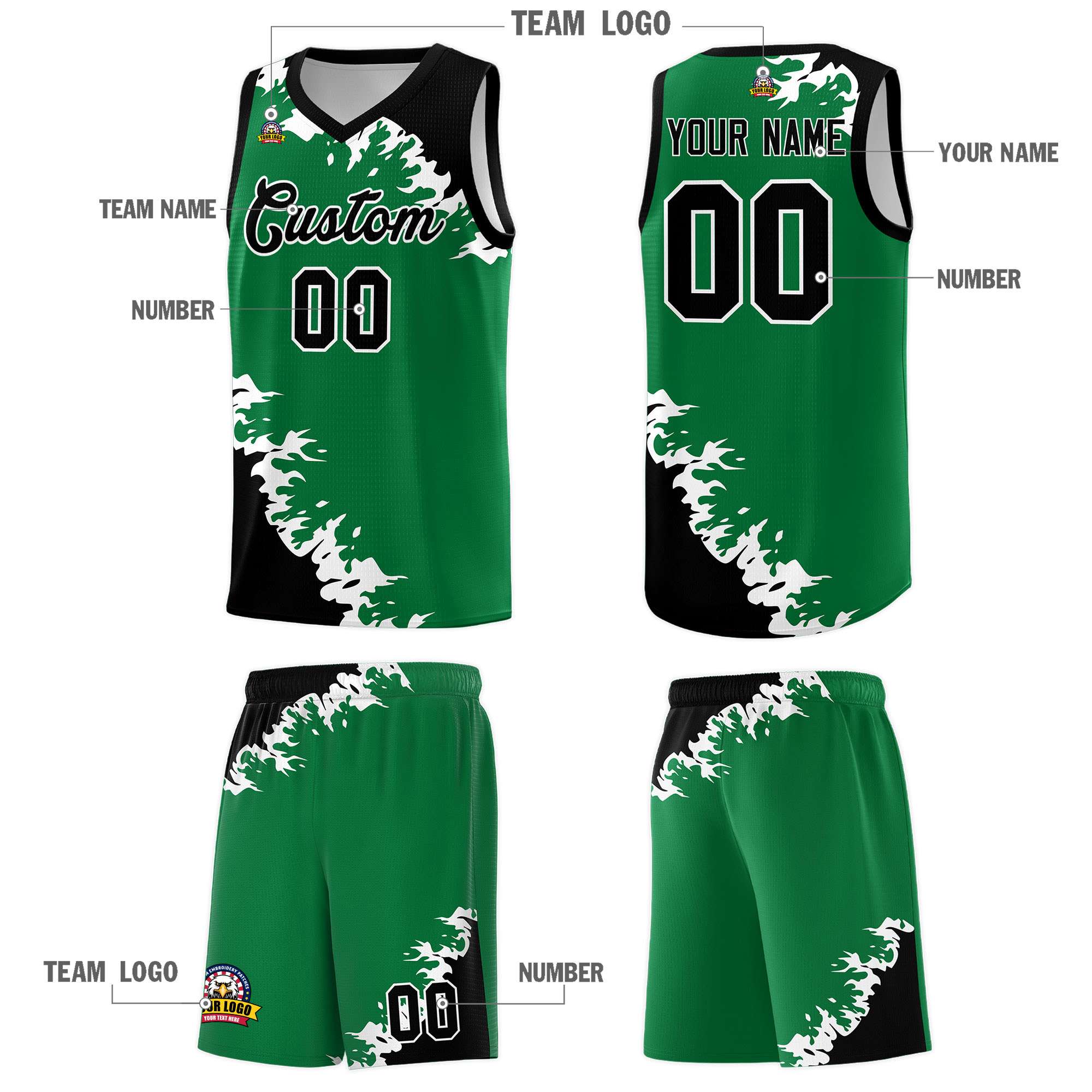 Custom Kelly Green Black-White Sparkle Print Pattern Basketball Kits