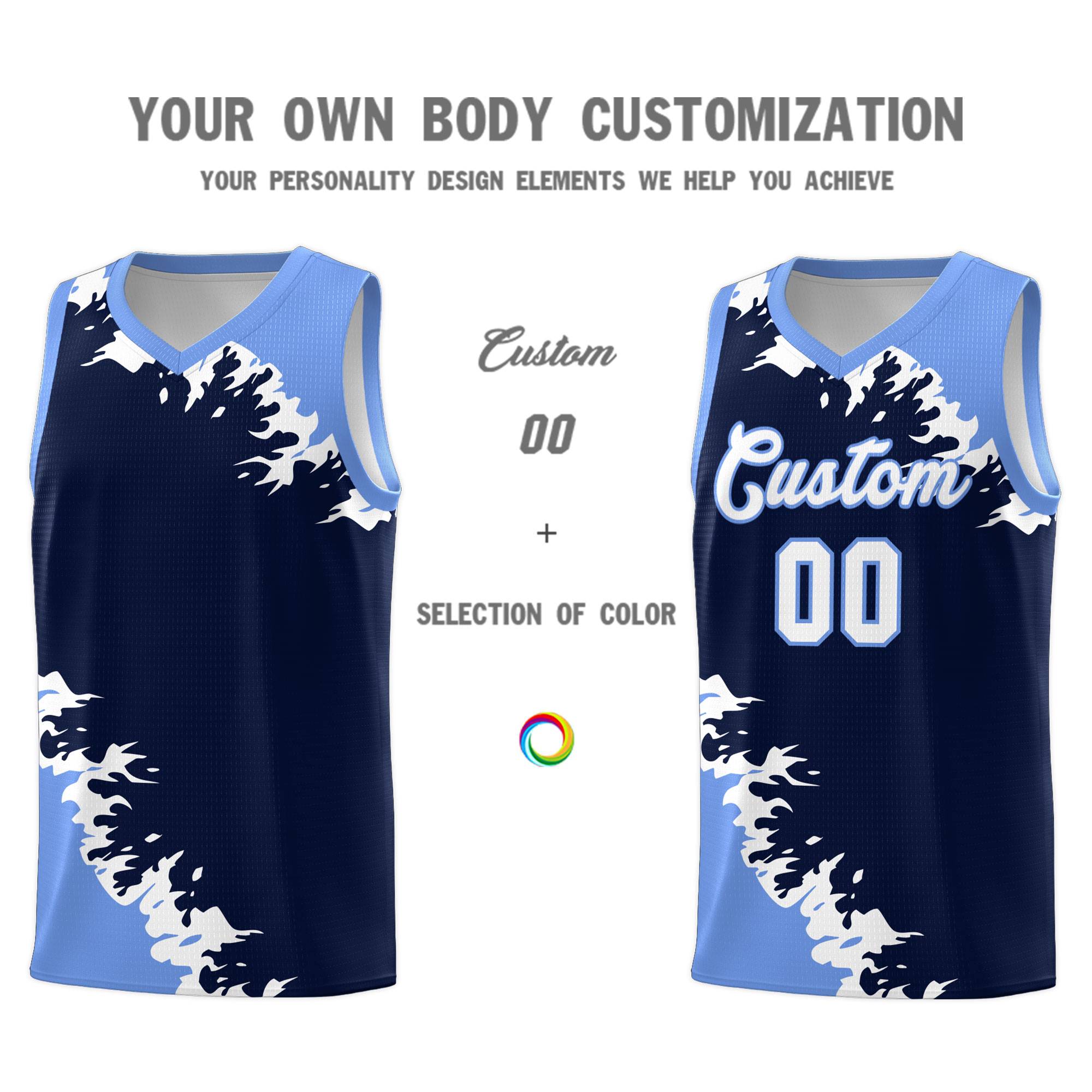Custom Navy Light Blue-White Sparkle Print Pattern Basketball Kits