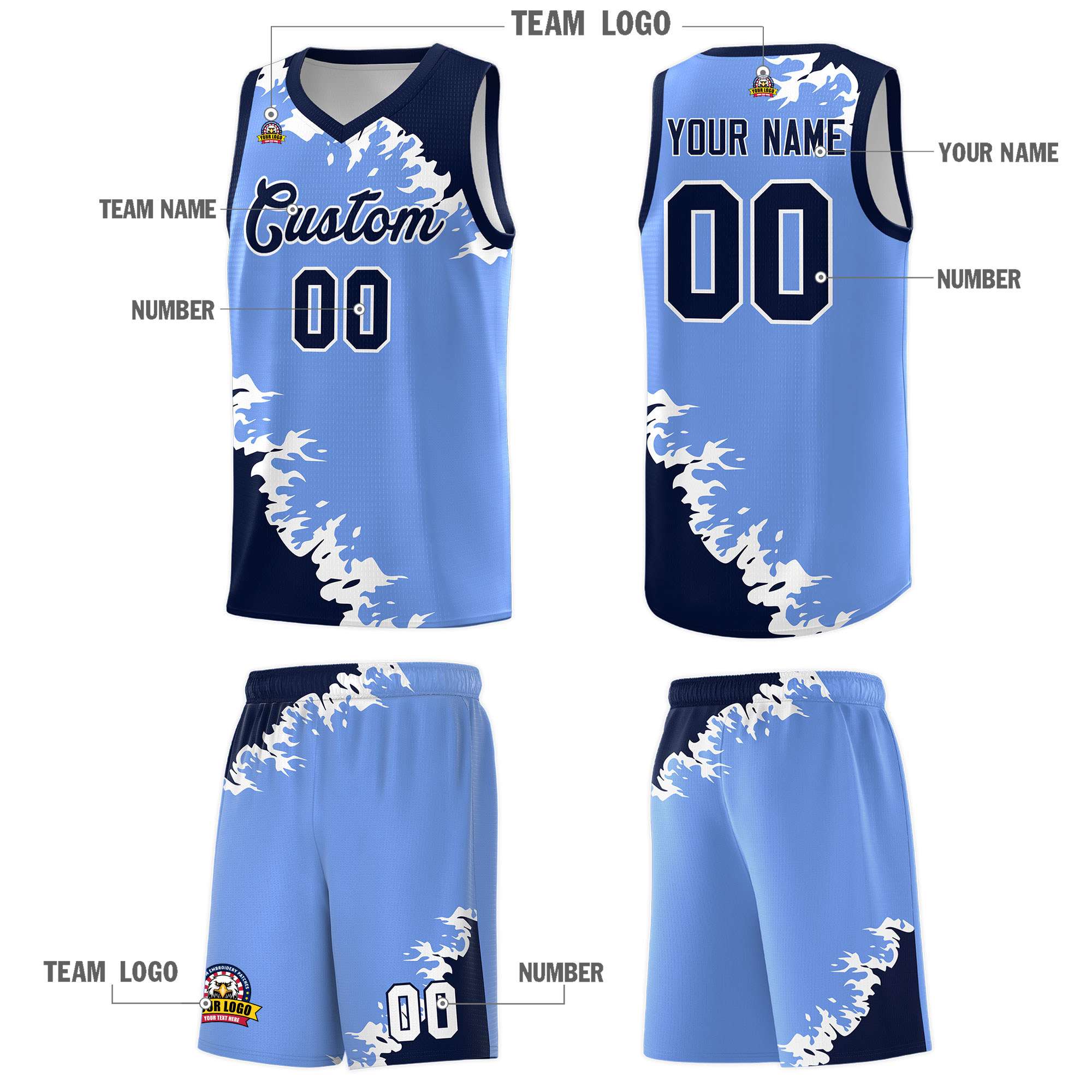 Custom Light Blue Navy-White Sparkle Print Pattern Basketball Kits