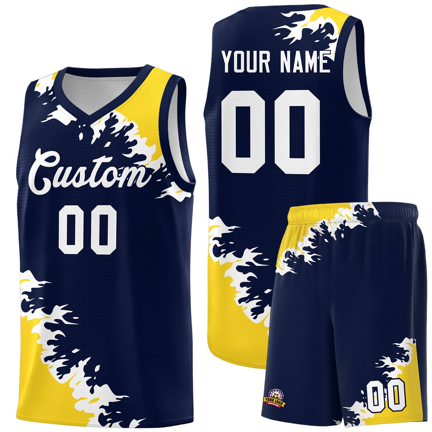 Custom Navy Gold-White Sparkle Print Pattern Basketball Kits