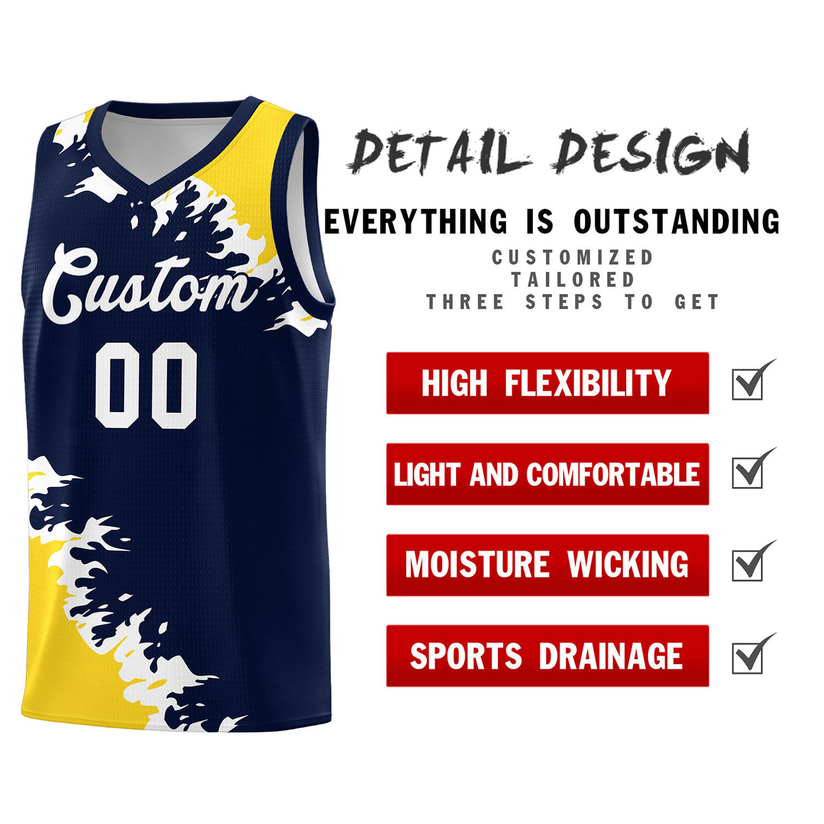 Custom Navy Gold-White Sparkle Print Pattern Basketball Kits