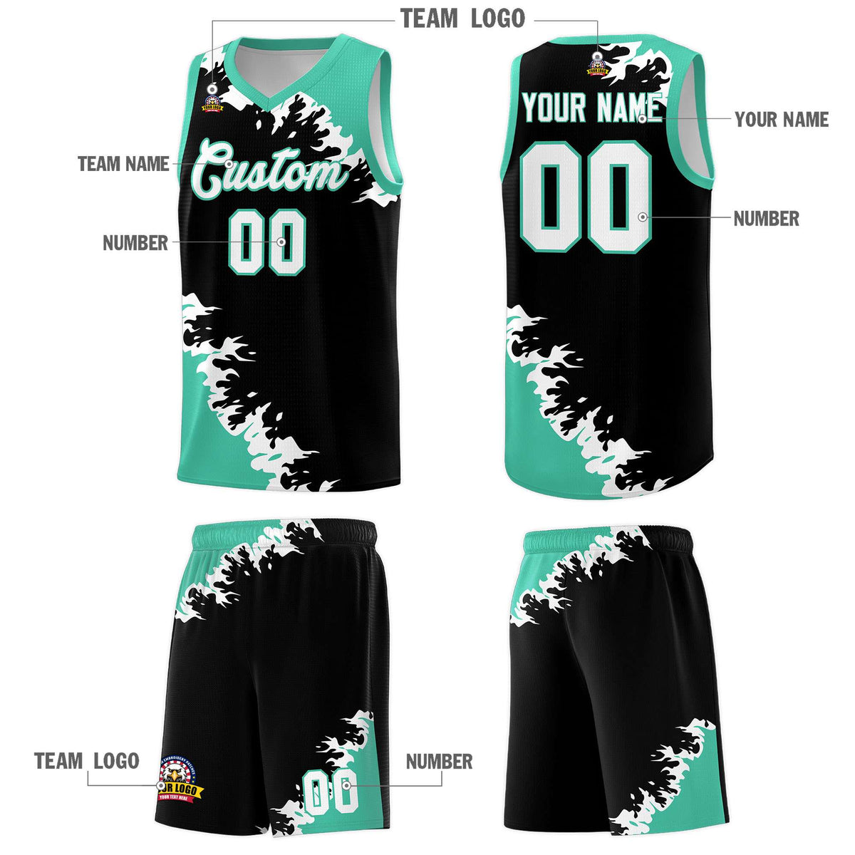 Custom Black Bright Green-White Sparkle Print Pattern Basketball Kits