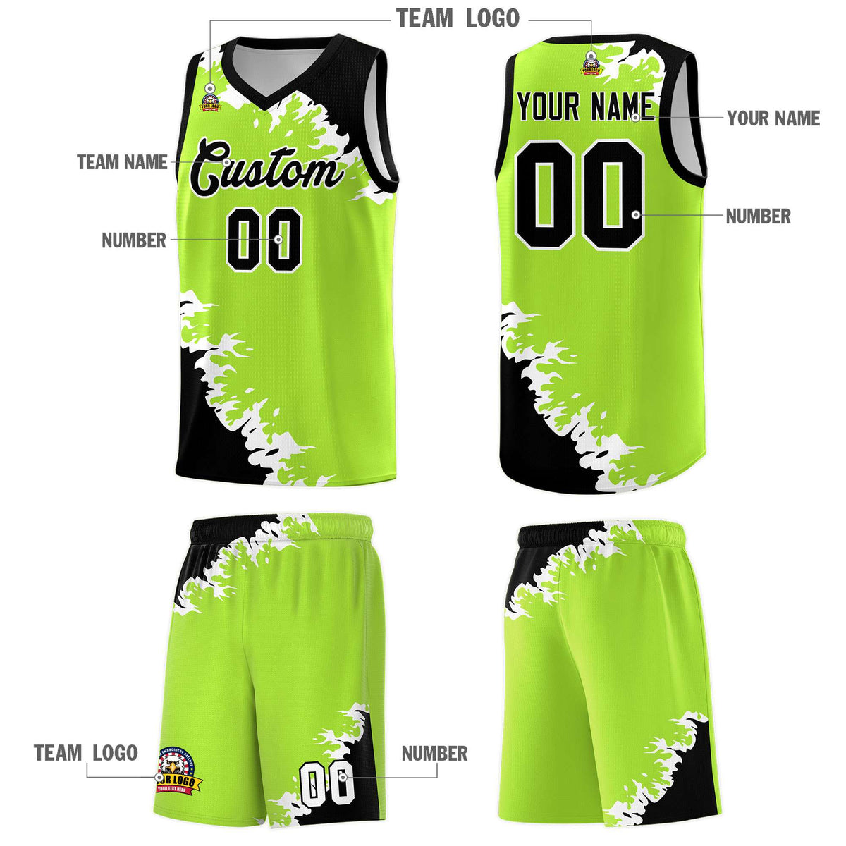 Custom Neon Green Black-White Sparkle Print Pattern Basketball Kits