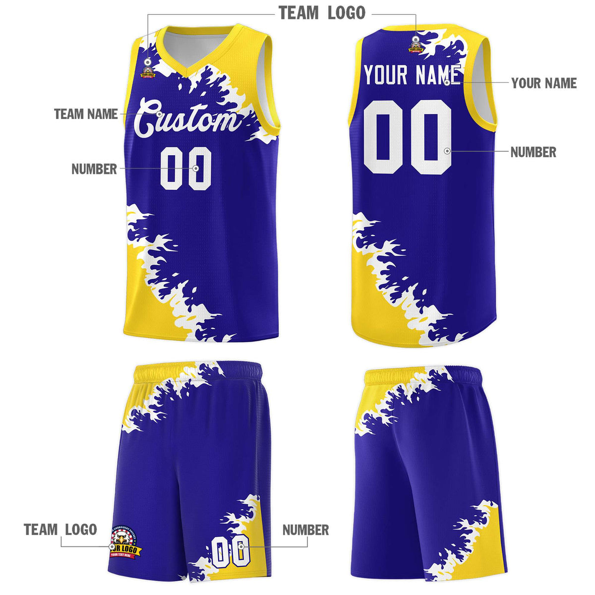 Custom Royal Gold-White Sparkle Print Pattern Basketball Kits