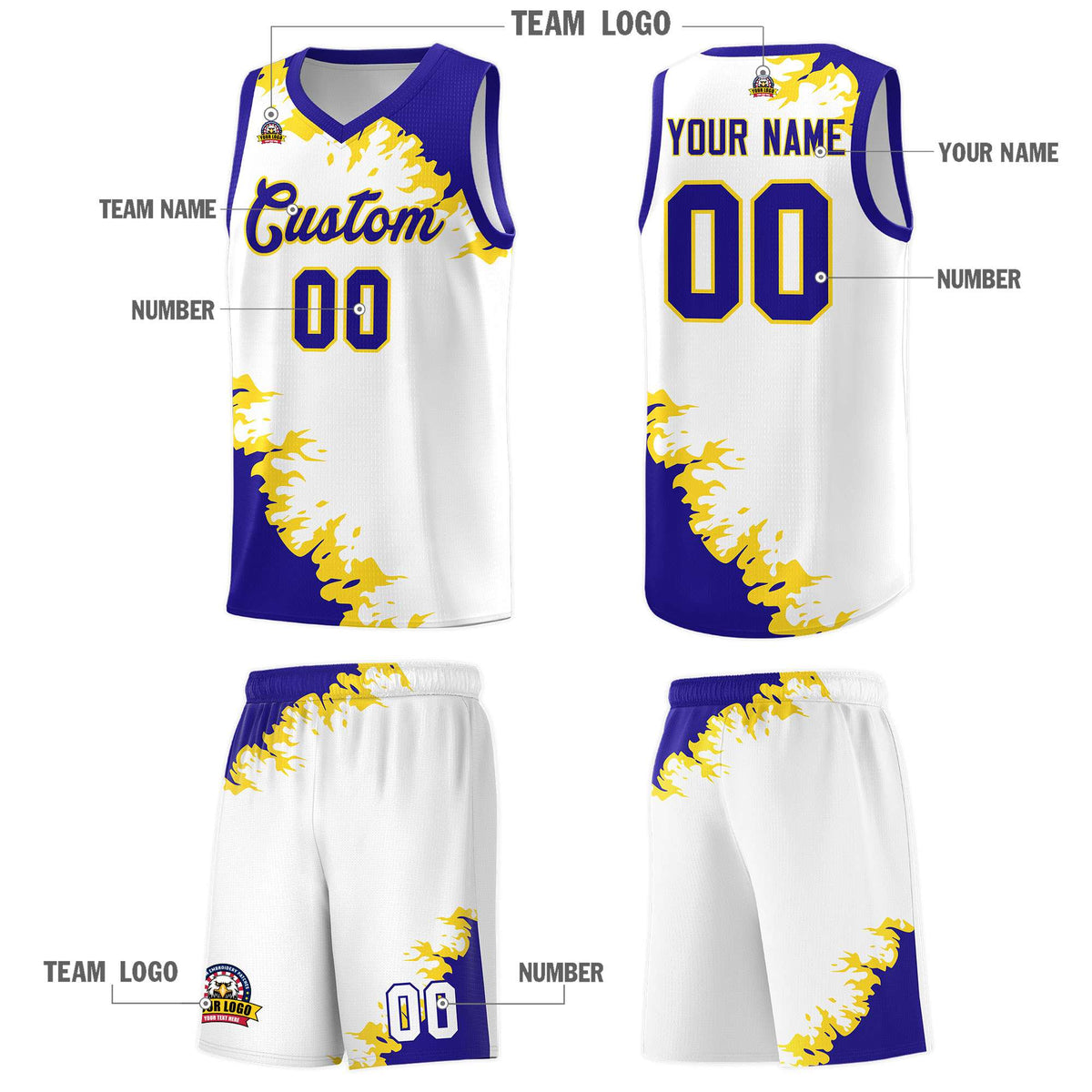 Custom White Royal-Gold Sparkle Print Pattern Basketball Kits