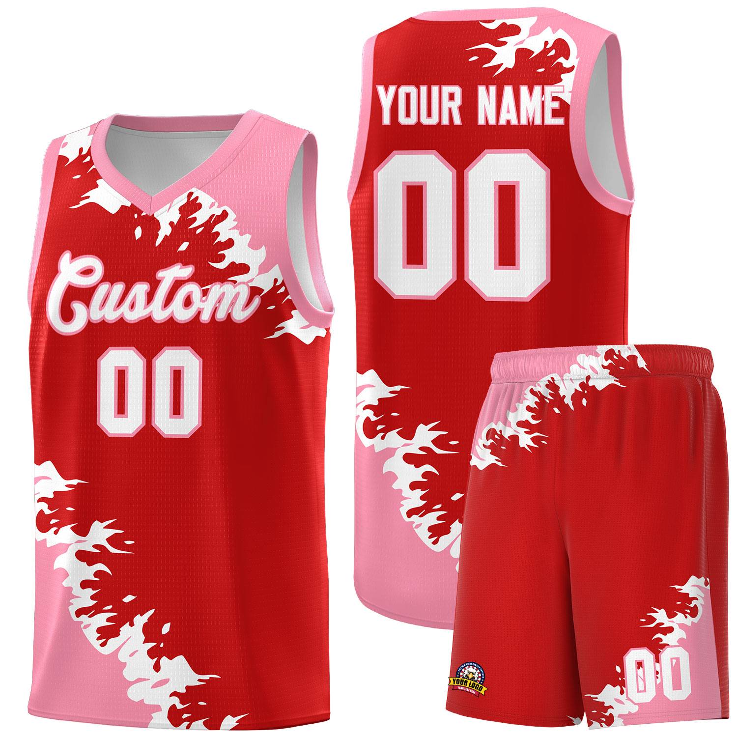 Custom Red Light Pink-White Sparkle Print Pattern Basketball Kits