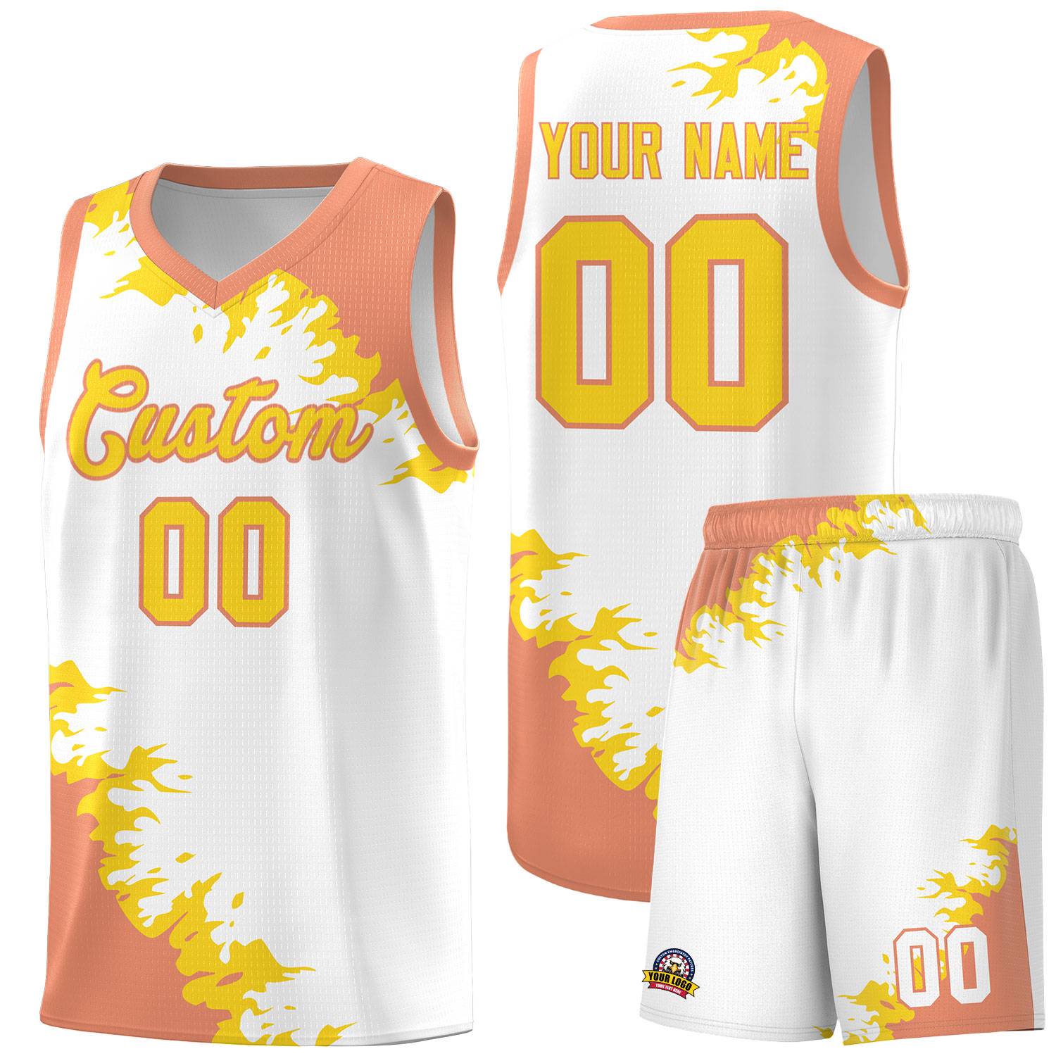 Custom White Light Orange-Gold Sparkle Print Pattern Basketball Kits