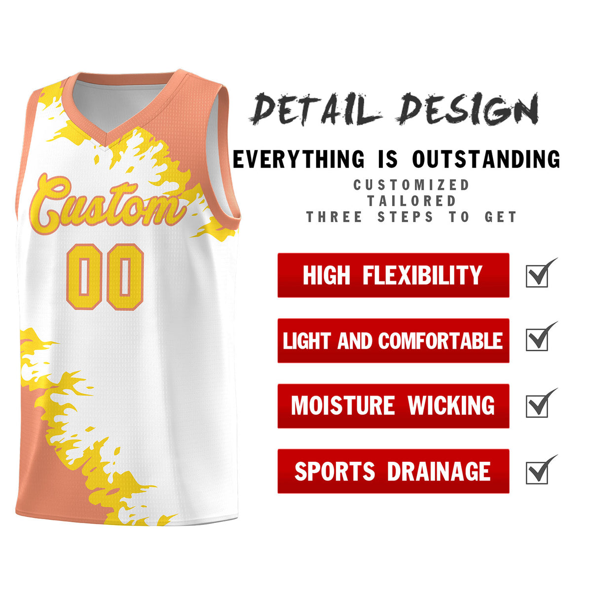 Custom White Light Orange-Gold Sparkle Print Pattern Basketball Kits