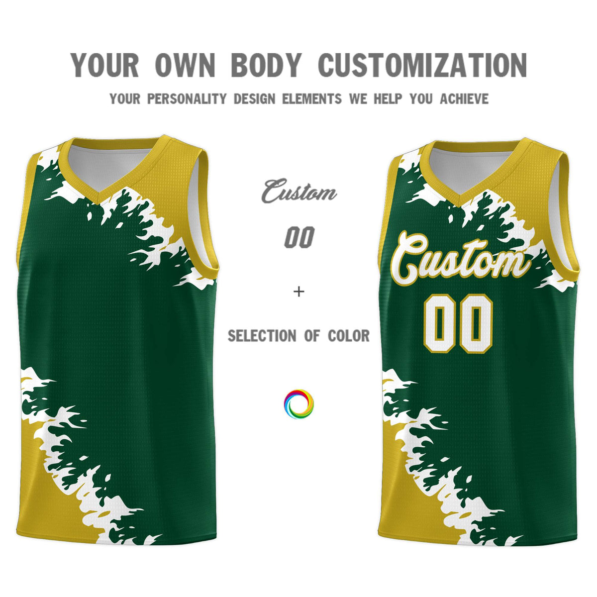 Custom Green Old Gold-White Sparkle Print Pattern Basketball Kits