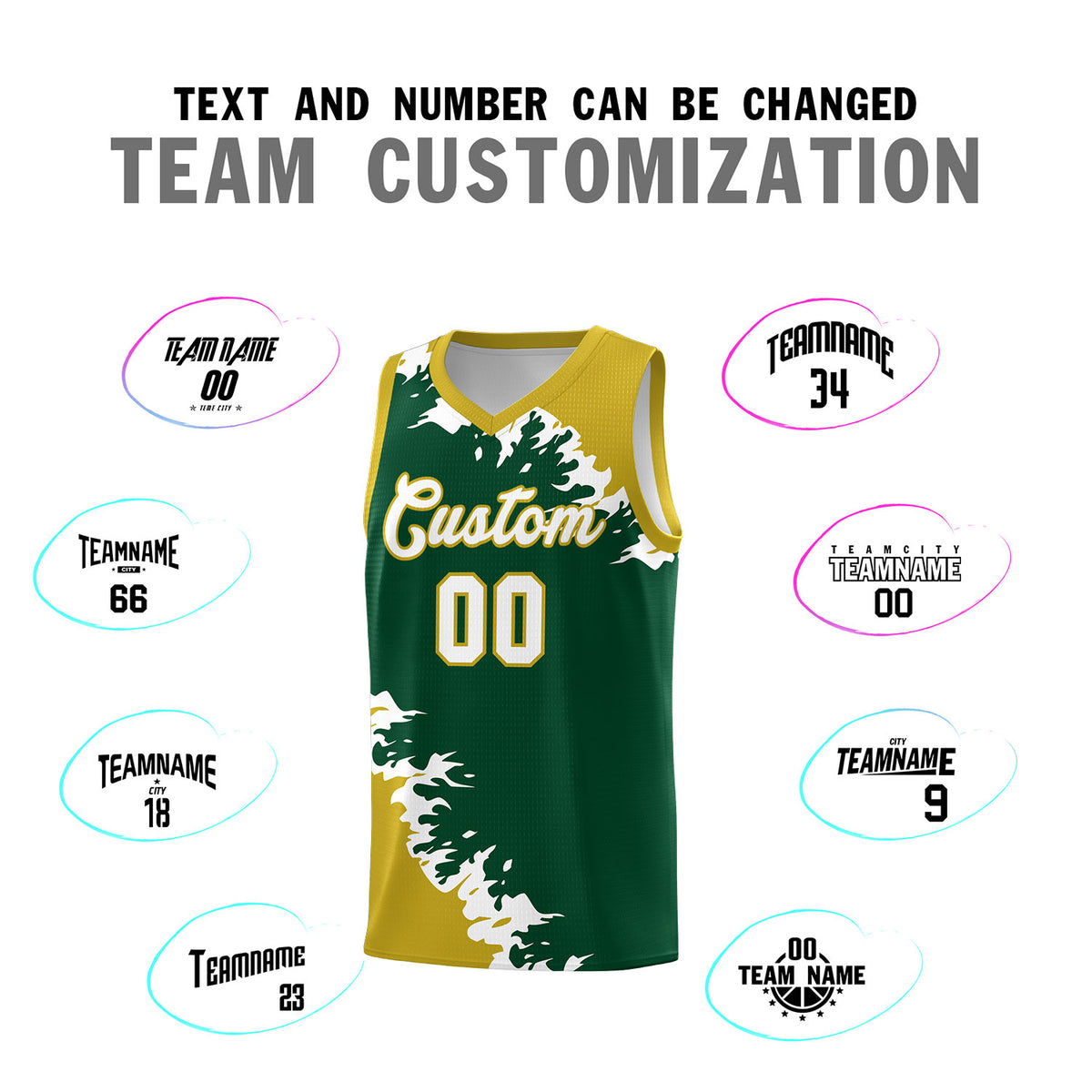 Custom Green Old Gold-White Sparkle Print Pattern Basketball Kits