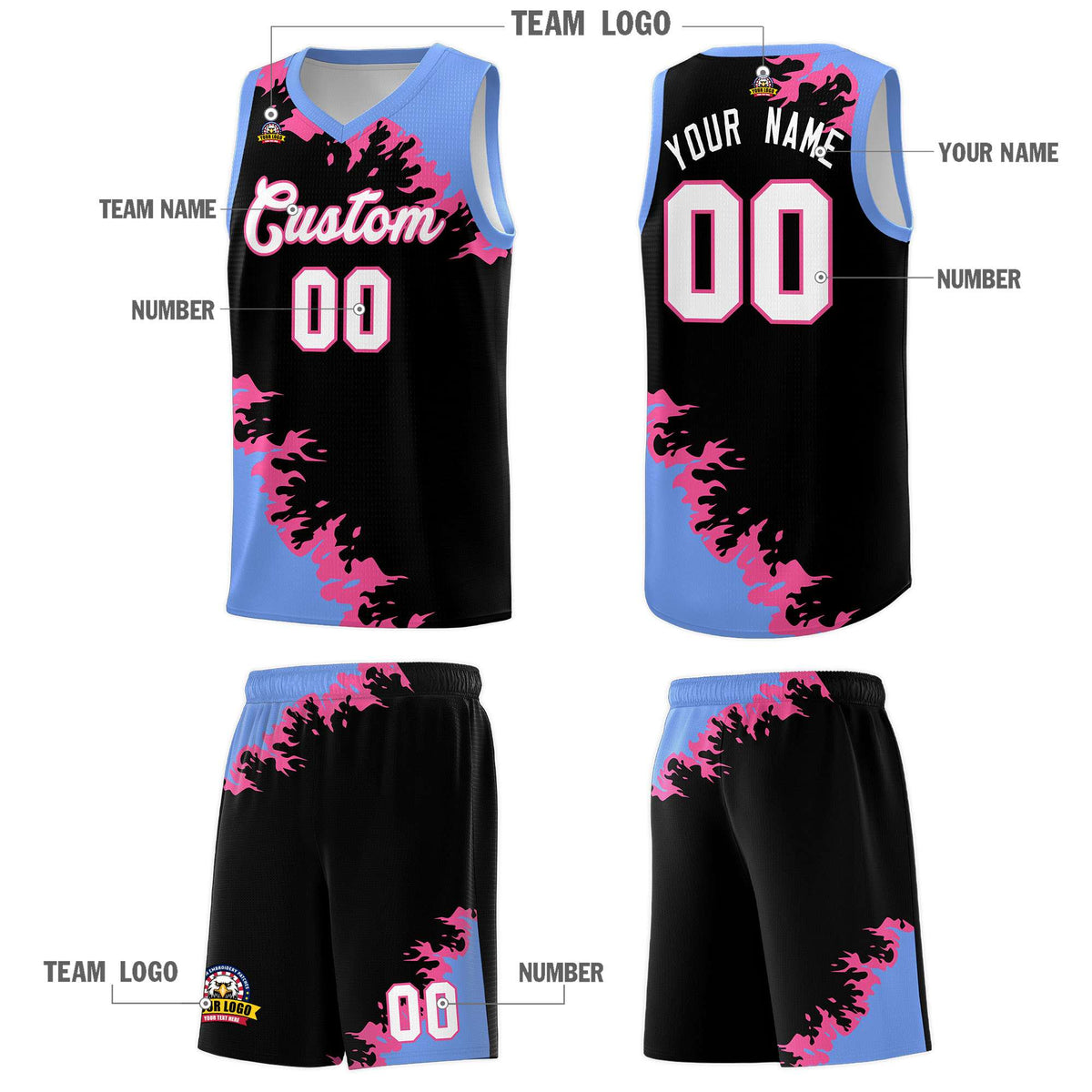 Custom Black Light Blue-Pink Sparkle Print Pattern Basketball Kits