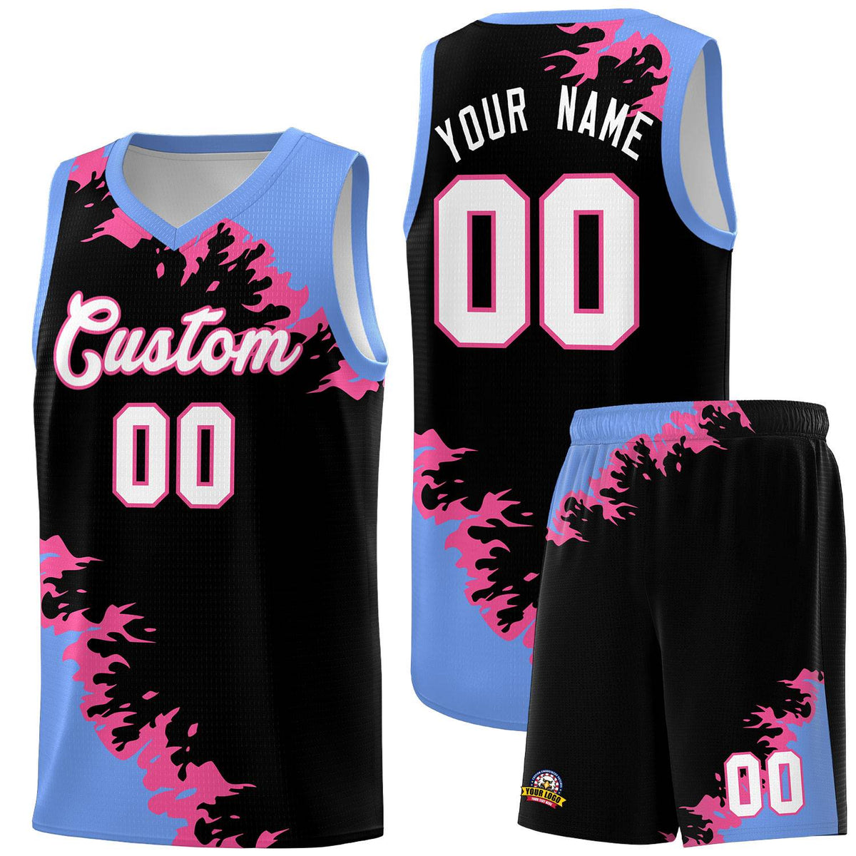 Custom Black Light Blue-Pink Sparkle Print Pattern Basketball Kits